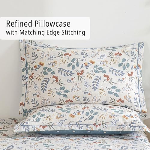 Miniatura 4 de Edredón botánico de algodón tamaño Queen, edredón verde lago con azul oscuro y hojas cálidas de óxido sobre marfil, juegos de ropa de cama ligeros