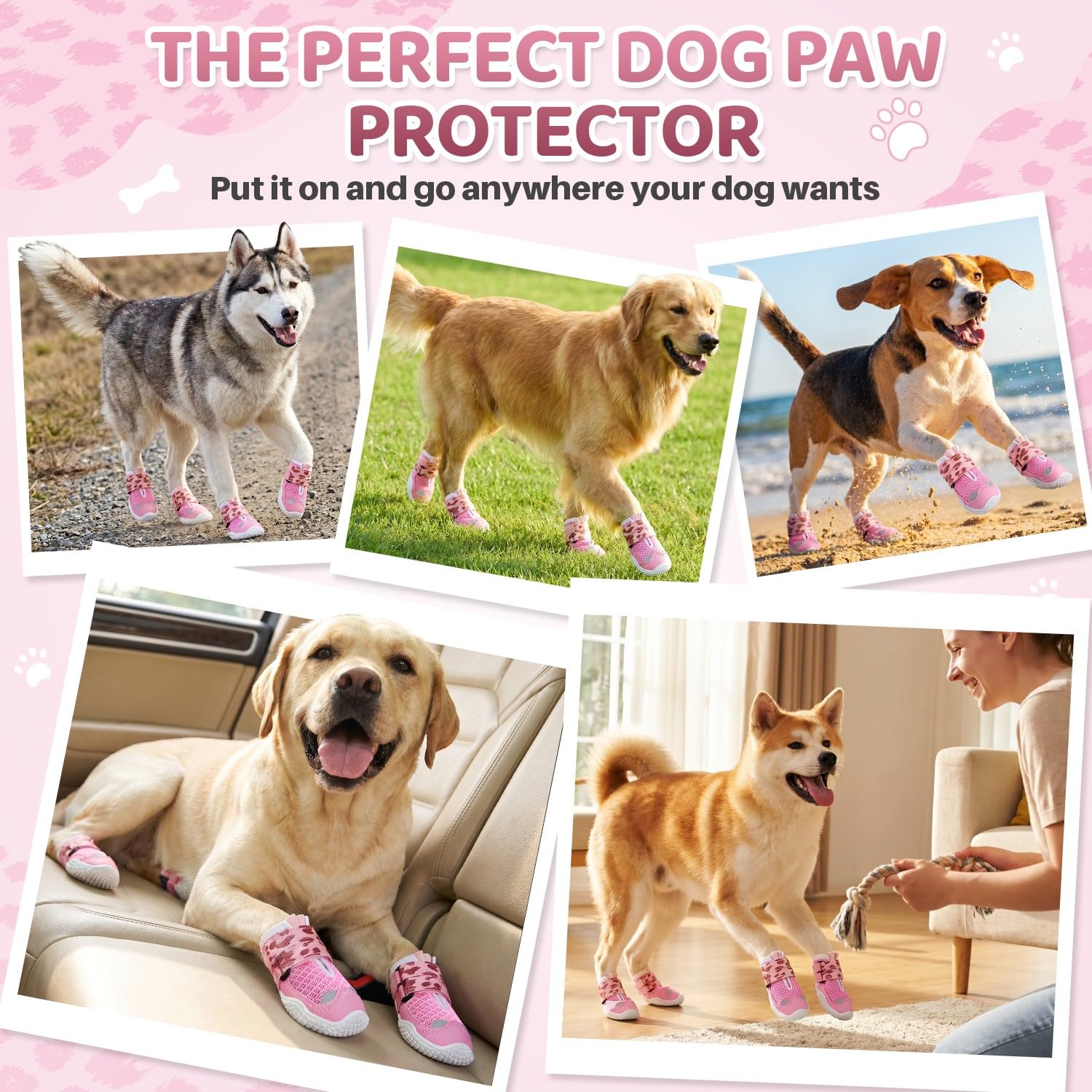 SlowTon Chaussures respirantes pour chiens de grande, moyenne et petite taille, bottes réfléchissantes pour chiens avec double sangle et semelle en caoutchouc souple, protège-pattes antidérapants pour