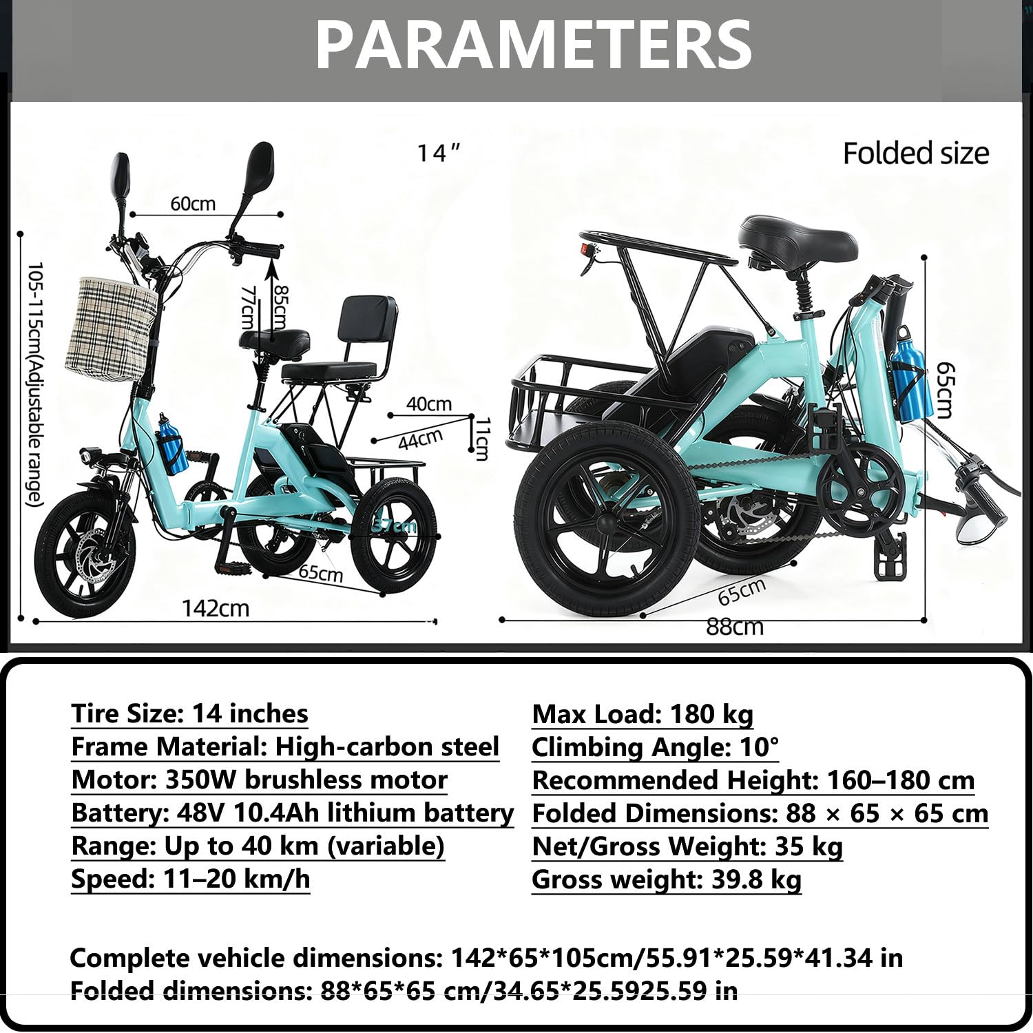 Triciclo Elettrico Pieghevole per Adulti a 3 Ruote, Bici Elettrica con Presa di Ricarica e Supporto Phone – Batteria 48V 10.4Ah, 11–20 km/h, Ruote 14", Portata 180KG,Ideale per Città e Spesa Yellow