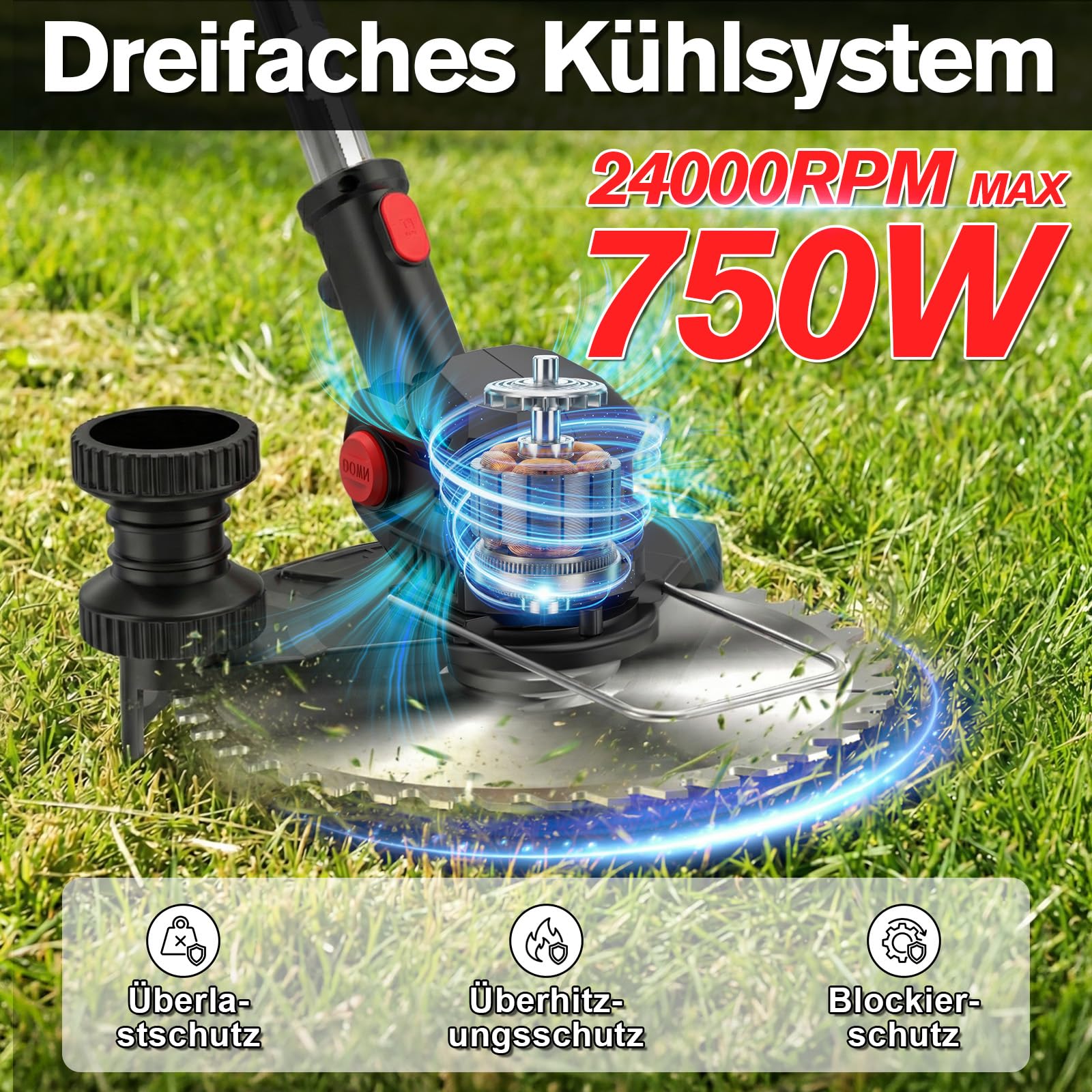 Rasentrimmer mit Akku 21V, 4-in-1 Freischneider & Motorsense 24000 RPM, Rasenkantenschneider inkl. 2X 2.0Ah Batterien, Rädern, 90° drehbarer Kopf & LCD-Anzeige (Profi-Serie)