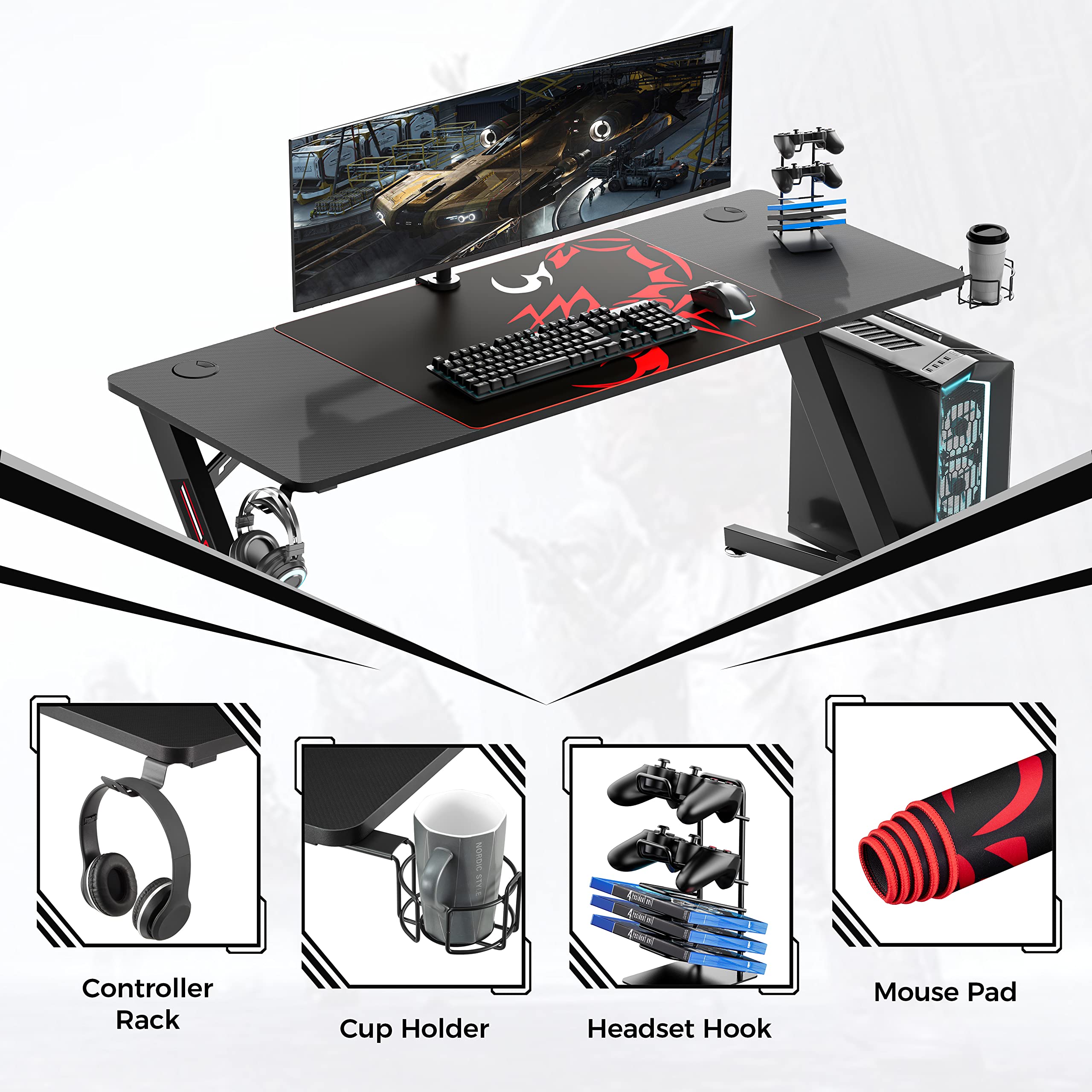 Escritorio para videojuegos, 60 pulgadas en forma de Z, superficie de fibra de carbono, para computadora, computadora, estación de trabajo para jugadores, con alfombrilla de mouse, 9