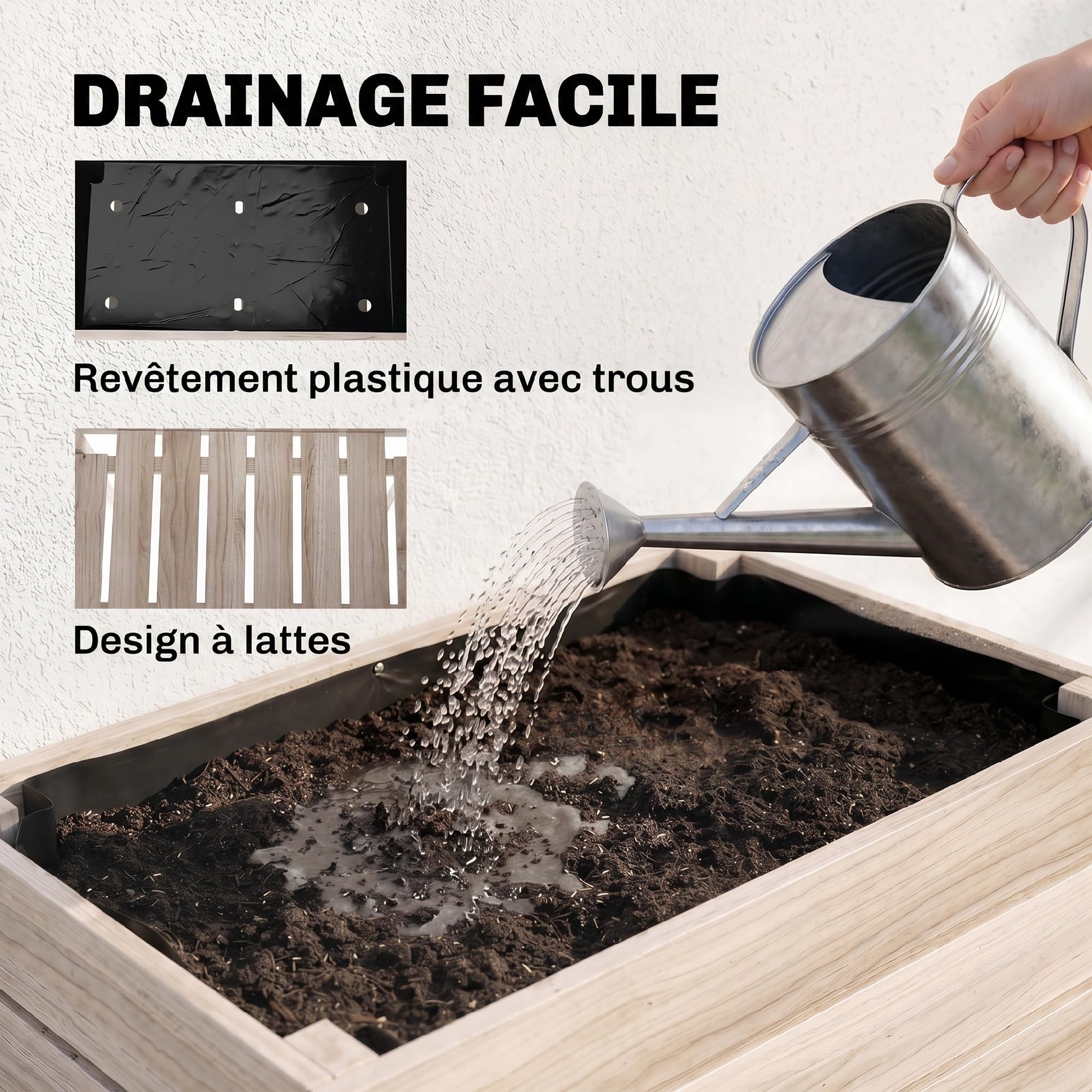 Outsunny Jardinières sur Pieds carrés potagers 50L x 30l x 60H cm Naturel | Lot de 4, Jardinières sur Pied Modulables, Inserts d'Irrigation, Film Protecteur, Bois Sapin, Pot Balcon