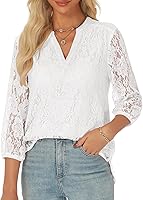 AIMCOO Women's Lace Blouse 3/4 Sleeve V-Neck Floral Boho Top Elegant Casual Business Shirt