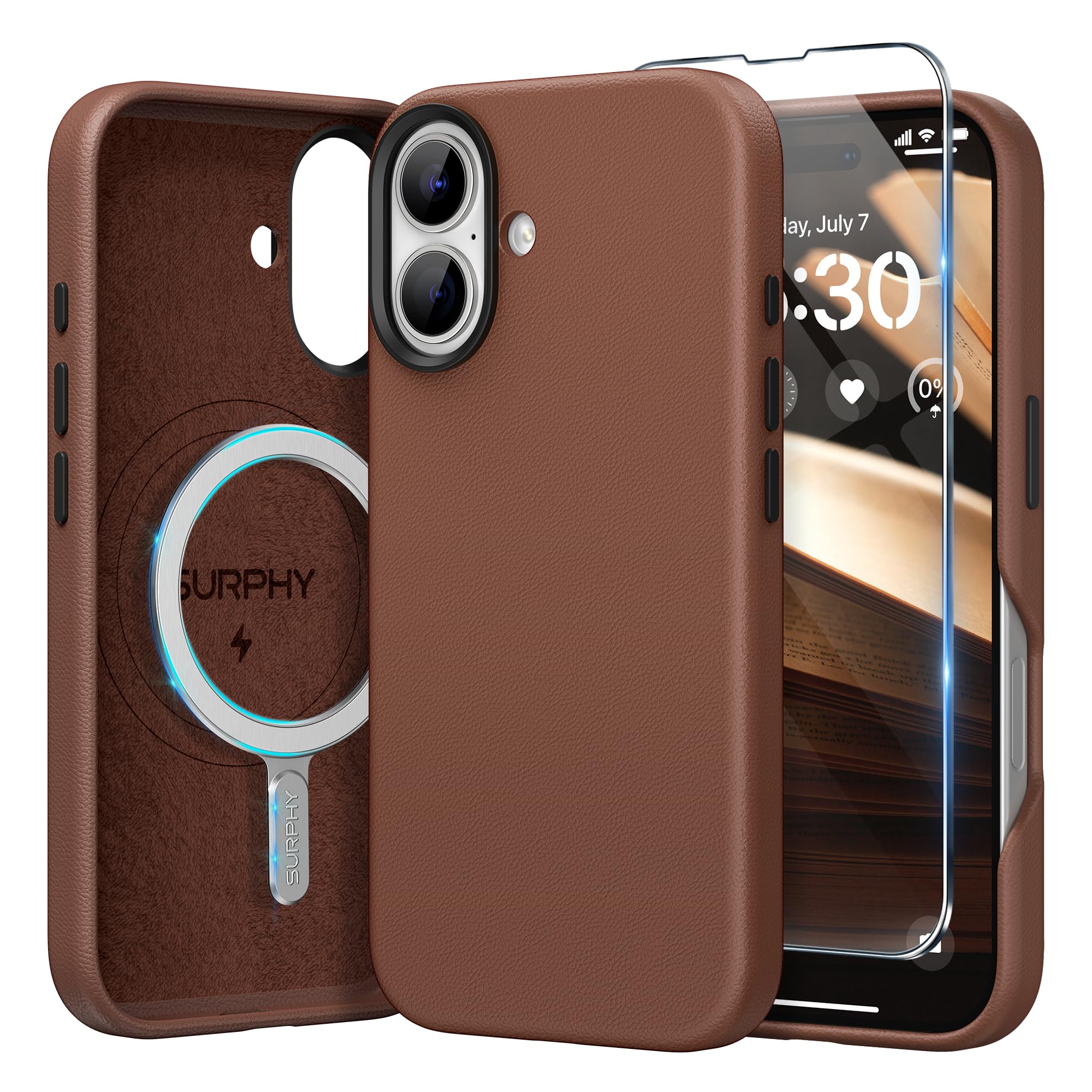 SURPHY Designed for iPhone 16 Leather Case, Compatible with MagSafe Wireless Charging Faux Leather Case with Metallic Buttons and Microfiber Lining for 16 6.1 inch 2024, Brown