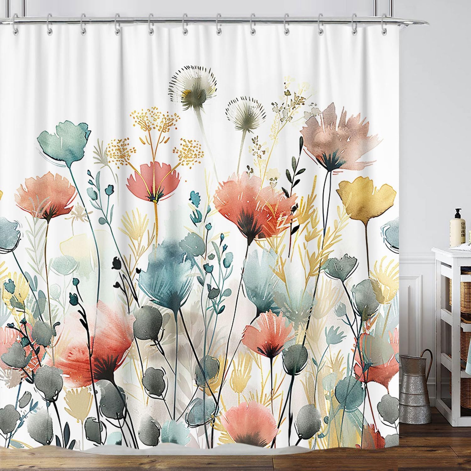 Rustic Boho Floral Shower Curtain, Bright Colorful Watercolor Flower Botanical Shower Curtain, Cute Minimalist Aesthetic Floral Bath Curtain with 12 Hooks, 72"×84" Blue Pink Sage Teal Cream Tan Grey