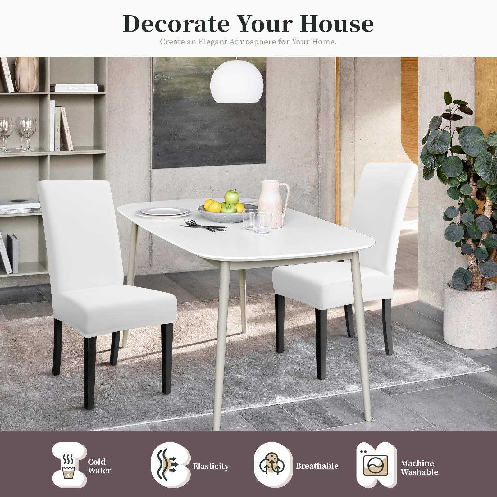 Housse de Chaise Universelle 4PCS Protection de Chaise Extensible Moderne Blanc pour Salle à Manger
