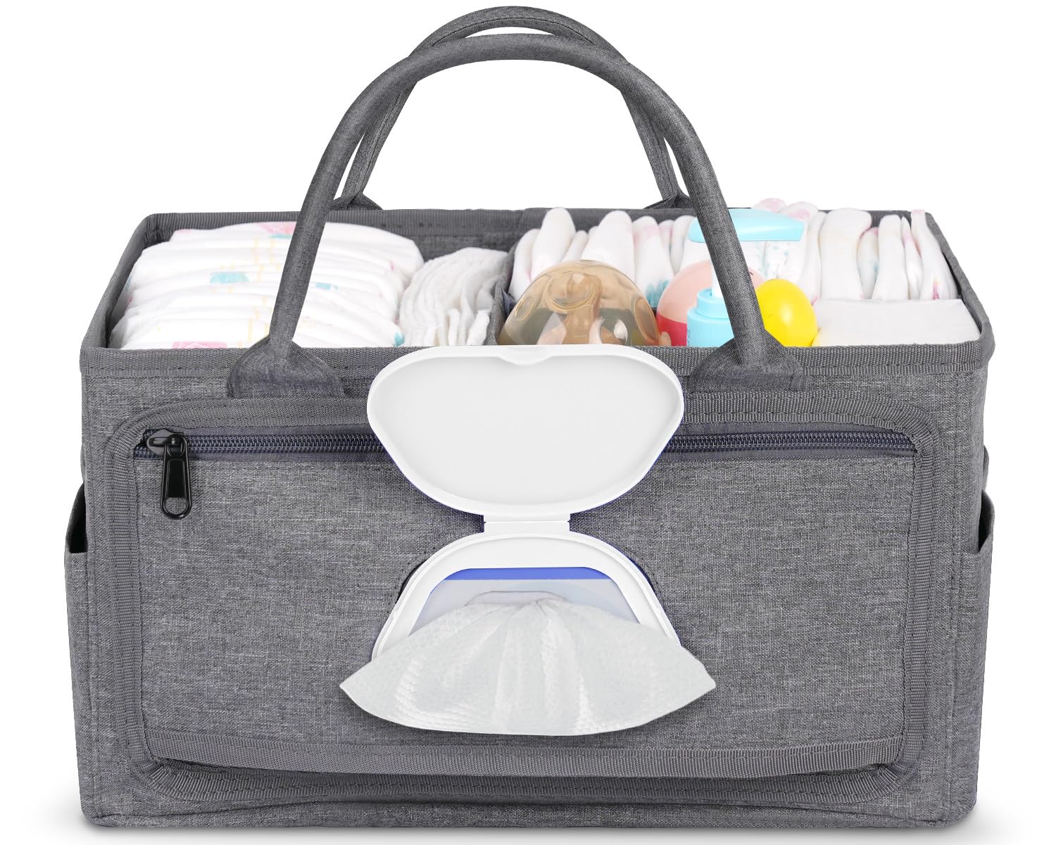 Volnamal Premium Diaper Caddy with Smart Side Wipes Pocket Diaper Organizer Portable Car Organizer Nursery Basket for Newborn
