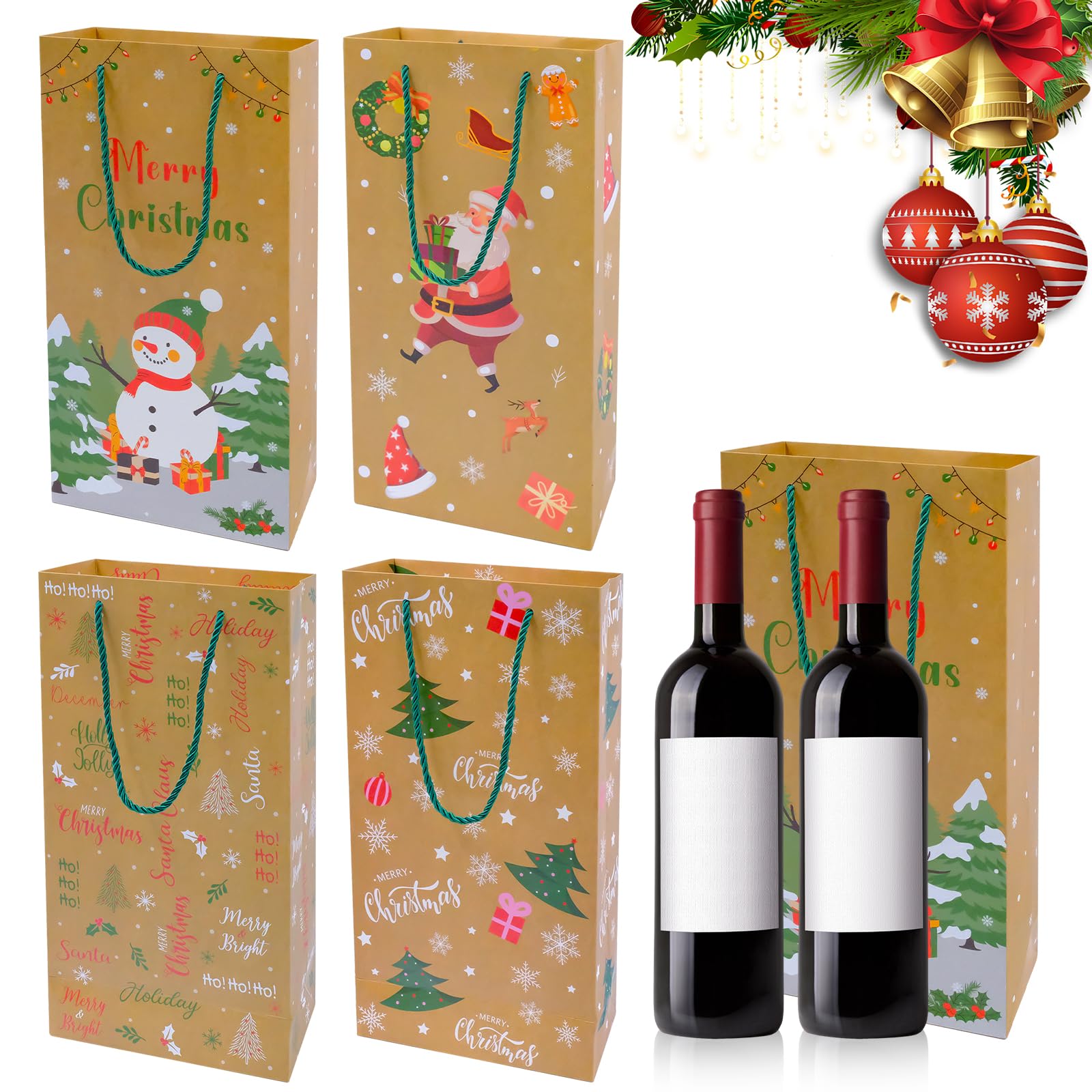 4PCS Christmas Bottle Bags, Double Bottle Gift Bag Christmas, Xmas Gift Bags for Wine, Whiskey, Spirit, Holds a Total of 8 Bottles