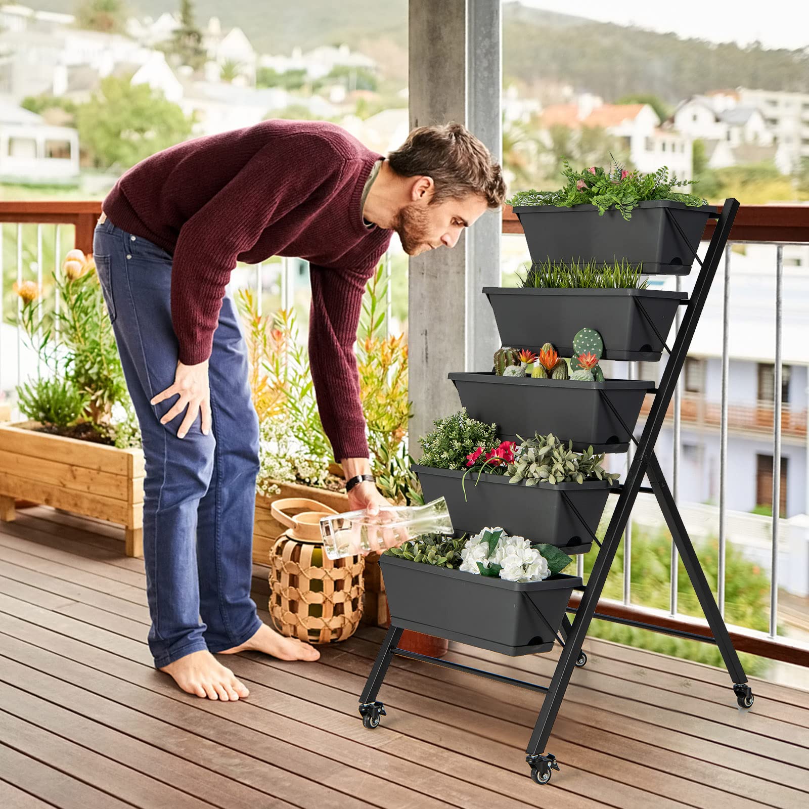 GOPLUS Jardinera Vertical de 5 Niveles, Estantería para Plantas, Cama Elevada de Jardín con Ruedas, Orificios de Drenaje, Bandeja Extraíble, Huerto Urbano con 5 Macetas, para Verduras Flores (Negro)