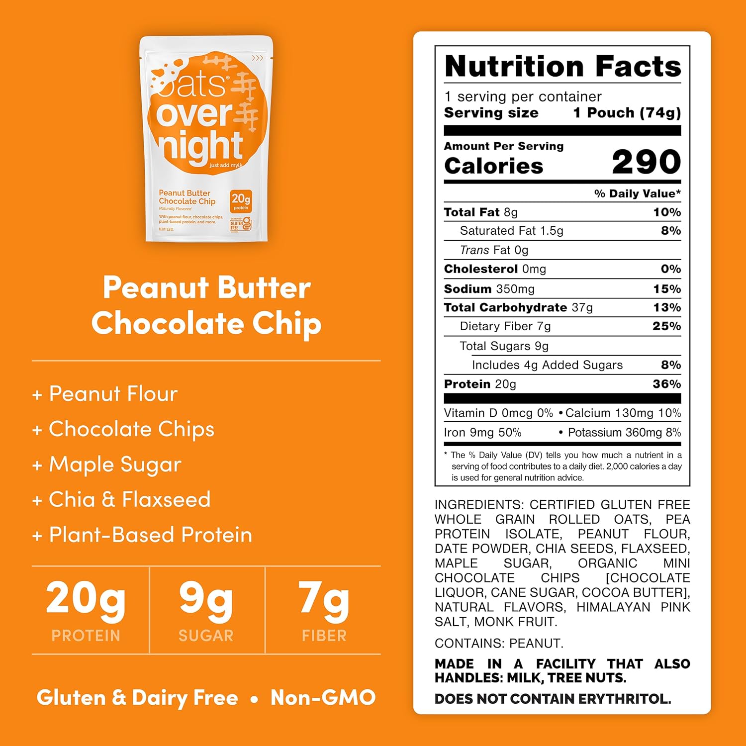 Oats Overnight Peanut Butter Chocolate Chip - Vegan Overnight Oats Protein Shake with 20g Vegan Protein Powder - High Fiber, Gluten Free, Dairy Free Oatmeal (2.4 oz per Meal) (24 Pack)