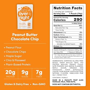 Oats Overnight Peanut Butter Chocolate Chip - Vegan Overnight Oats Protein Shake with 20g Vegan Protein Powder - High Fiber, Gluten Free, Dairy Free Oatmeal (2.4 oz per Meal) (8 Pack)