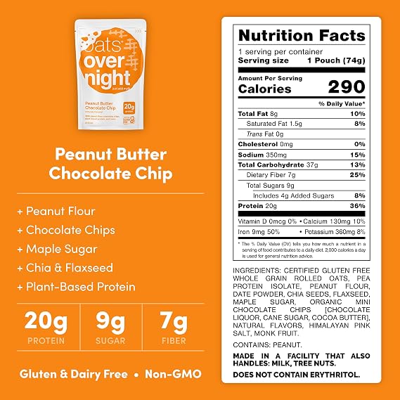 Oats Overnight Peanut Butter Chocolate Chip - Vegan Overnight Oats Protein Shake with 20g Vegan Protein Powder - High Fiber, Gluten Free, Dairy Free Oatmeal (2.4 oz per Meal) (8 Pack)