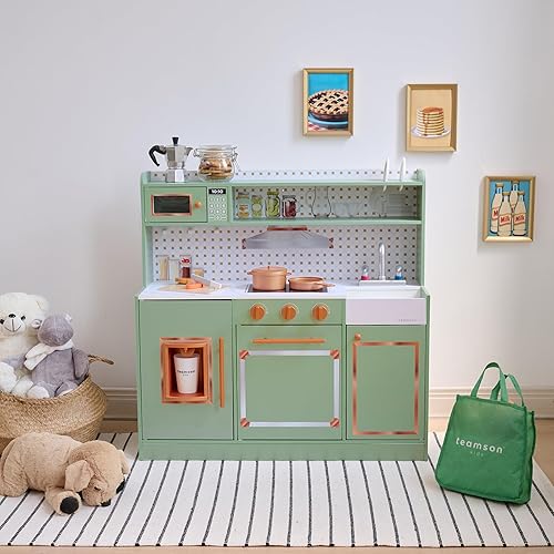 Miniatura 6 de Teamson Kids Little Chef St. Louis - Juego de cocina de madera retro para niños pequeños, juego de cocina de simulación verde con máquina de hielo,