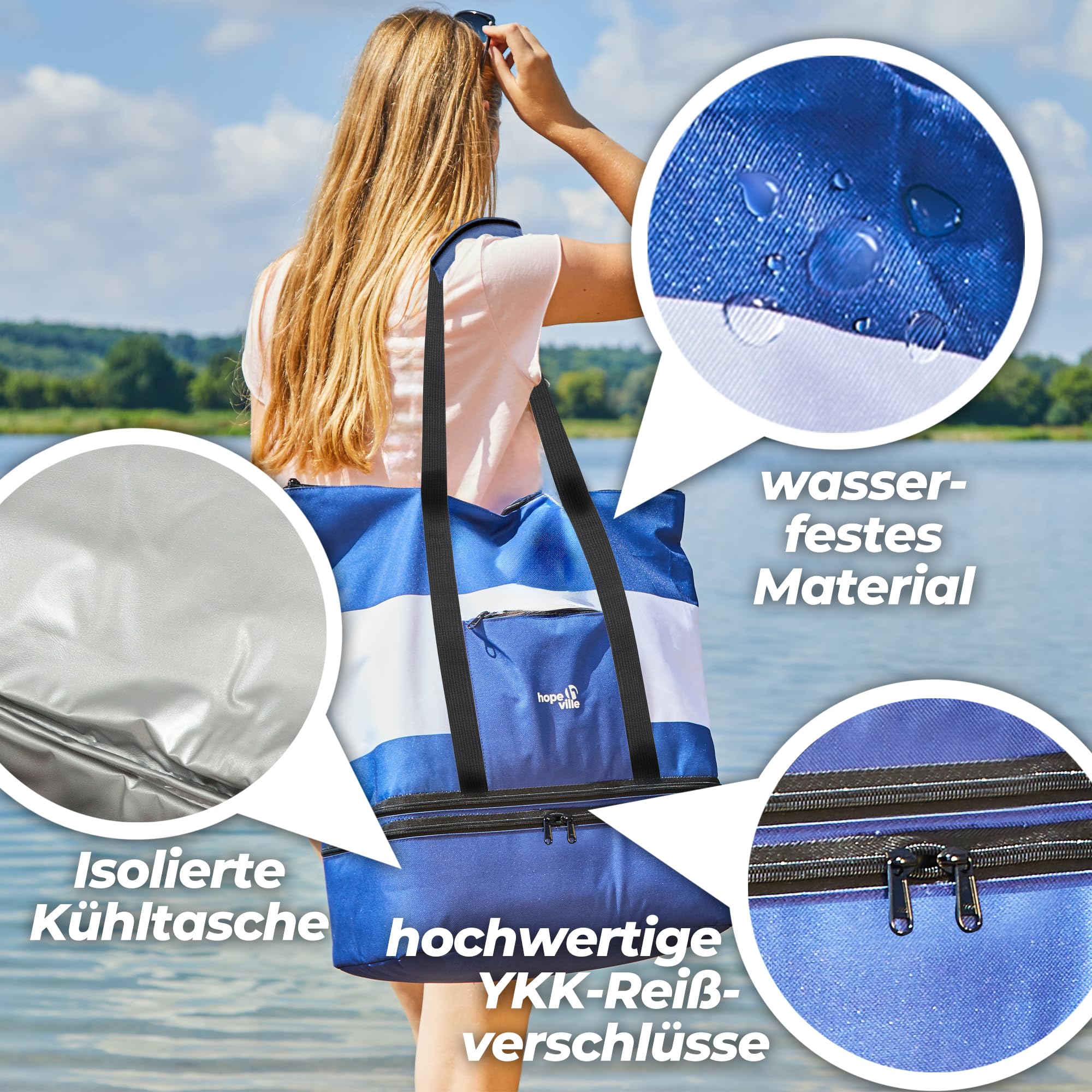 große XXL Strandtasche mit Reißverschluss und integrierter Kühltasche, wasserabweisende Familien Picknicktasche im Marine-Look für Urlaub, Picknick und Shopping (Blau-Weiß)