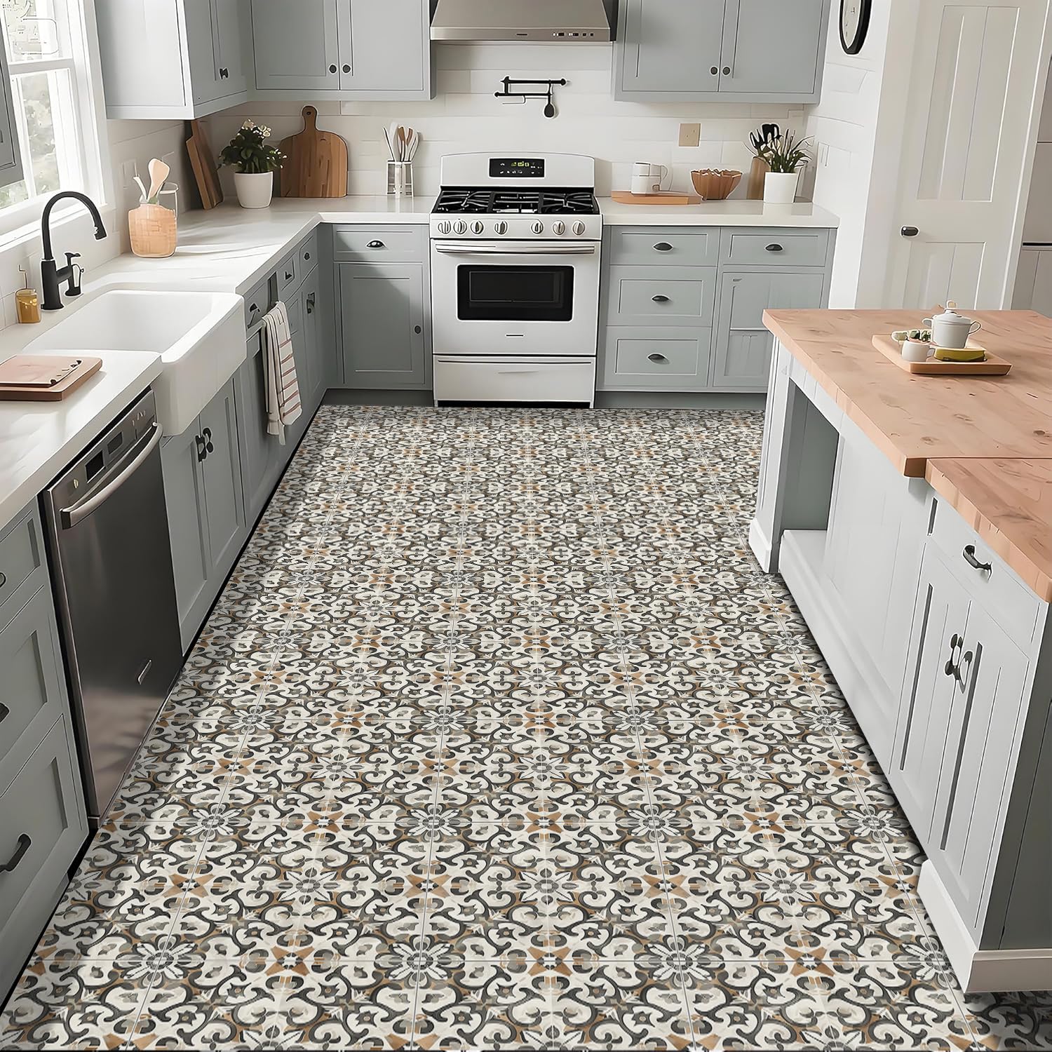 10 piezas de 12 x 12 pulgadas, estilo retro, gris, marrón, geométrico, cuadrado, vintage, pelar y pegar, azulejos de vinilo extraíbles e impermeables para baño, entrada, cocina, bar, habitación