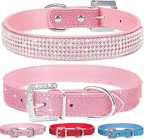 Apasiri Collar de perro con diamantes de imitación para perros pequeños, collar de perro azul, collar de cuero para perros medianos, lindo collar de