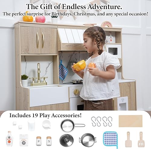 Miniatura 5 de Juego de cocina para niños con luces y sonidos realistas, juguete de cocina de madera de diseño moderno mejorado con áreas de juego completas,