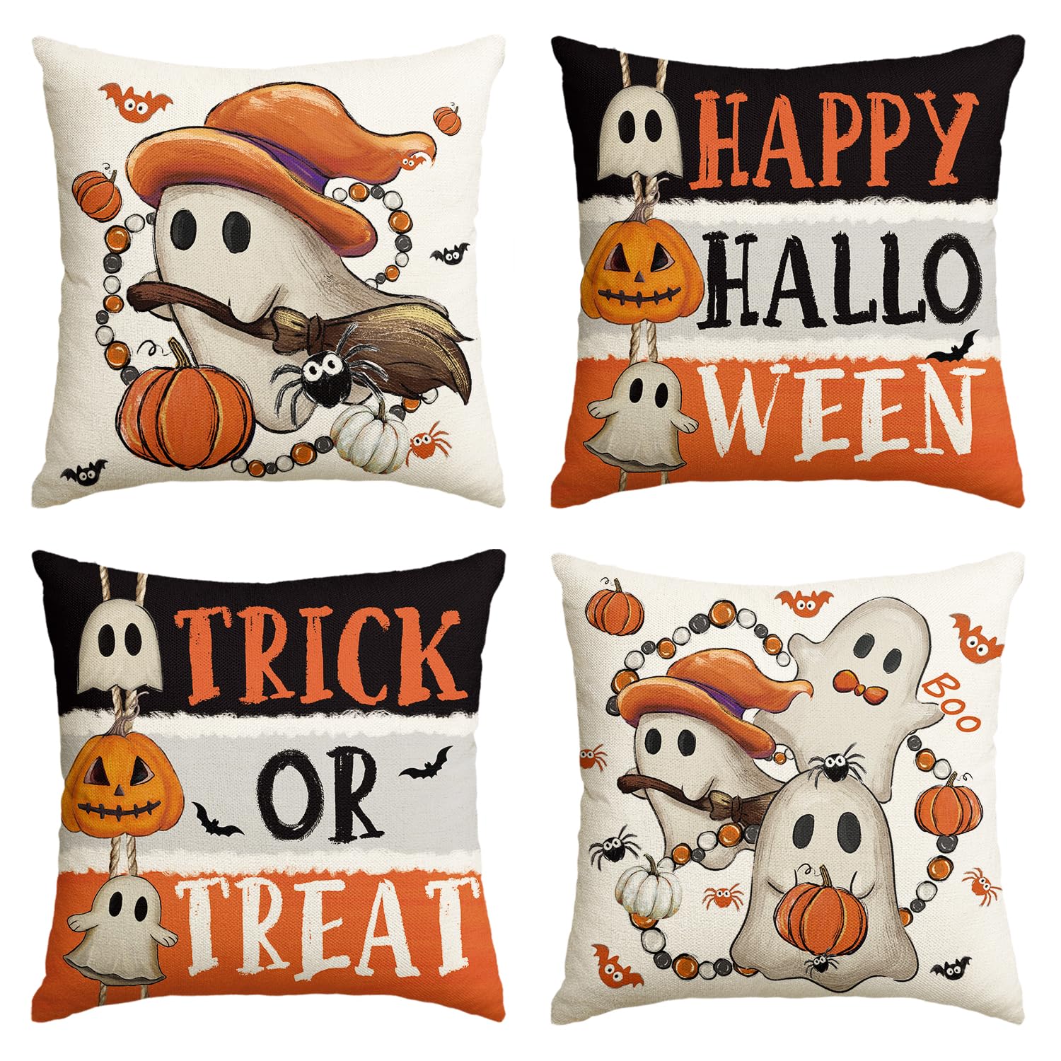 Housse de coussin Halloween fantôme blanc et citrouille : lot 4 taies canapé 45x45cm