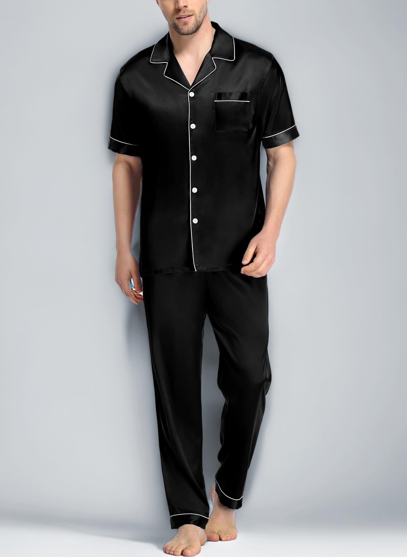 SWOMOG Men‘s Silk Satin Pyjama Set Short Sleeve Button Down Shirt with Long Pants Silky Pjs Notch Collar Loungewear