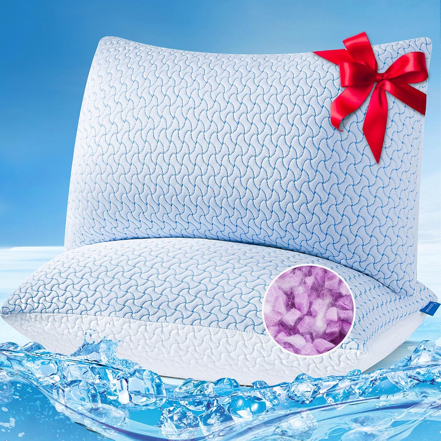 SUPA MODERN Shredded Memory Foam Pillows for Sleeping Queen Size Set of 2 Pack,Adjustable Cooling Bed Pillow for Side Back and Stomach Sleepers with Breathable Washable Cover Queen?2 pack? White & Blue