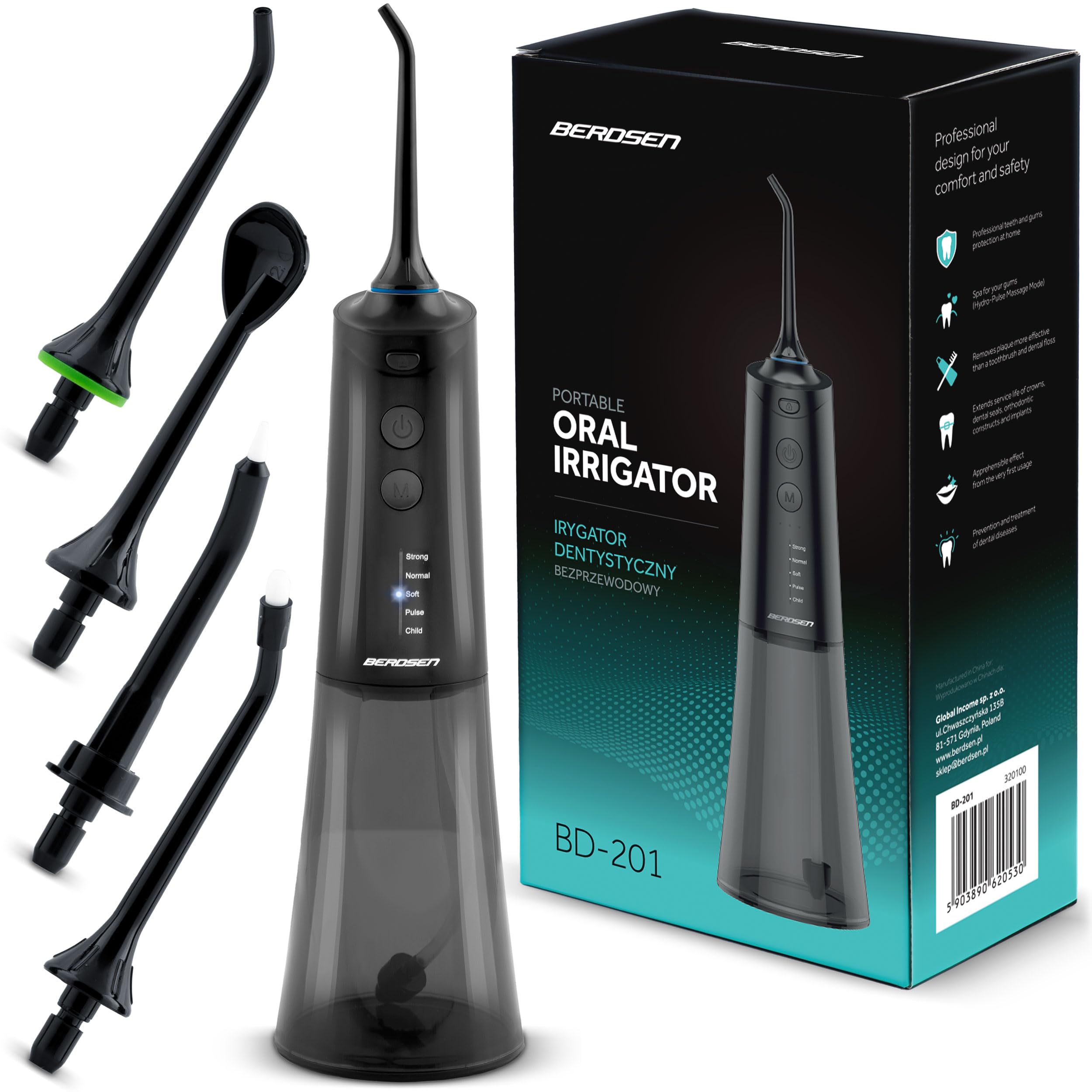 Berdsen Irrigatore Per Denti - Wireless - Ricaricabile - Impermeabile - Portatile - 5 Modalità, 5 Punte - 300 Ml Nero-image