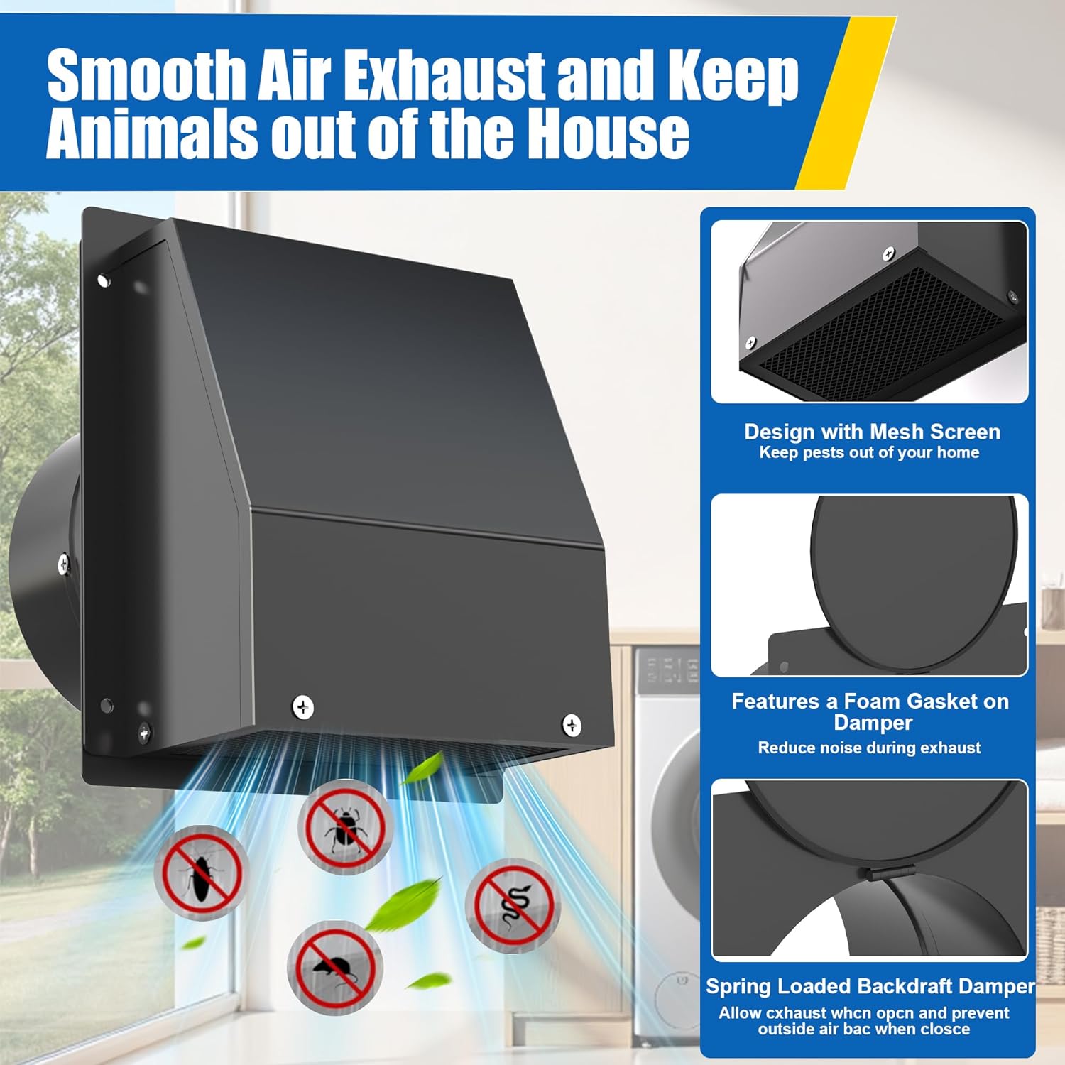 4 Inch Dryer Vent Cover Outside, Hooded Wall Vent with Screen and Damper, Galvanized Steel Exhaust Vent Cover Cap External Extractor for Dryer Duct, HVAC, Bathroom, Laundry, Kitchen, Black