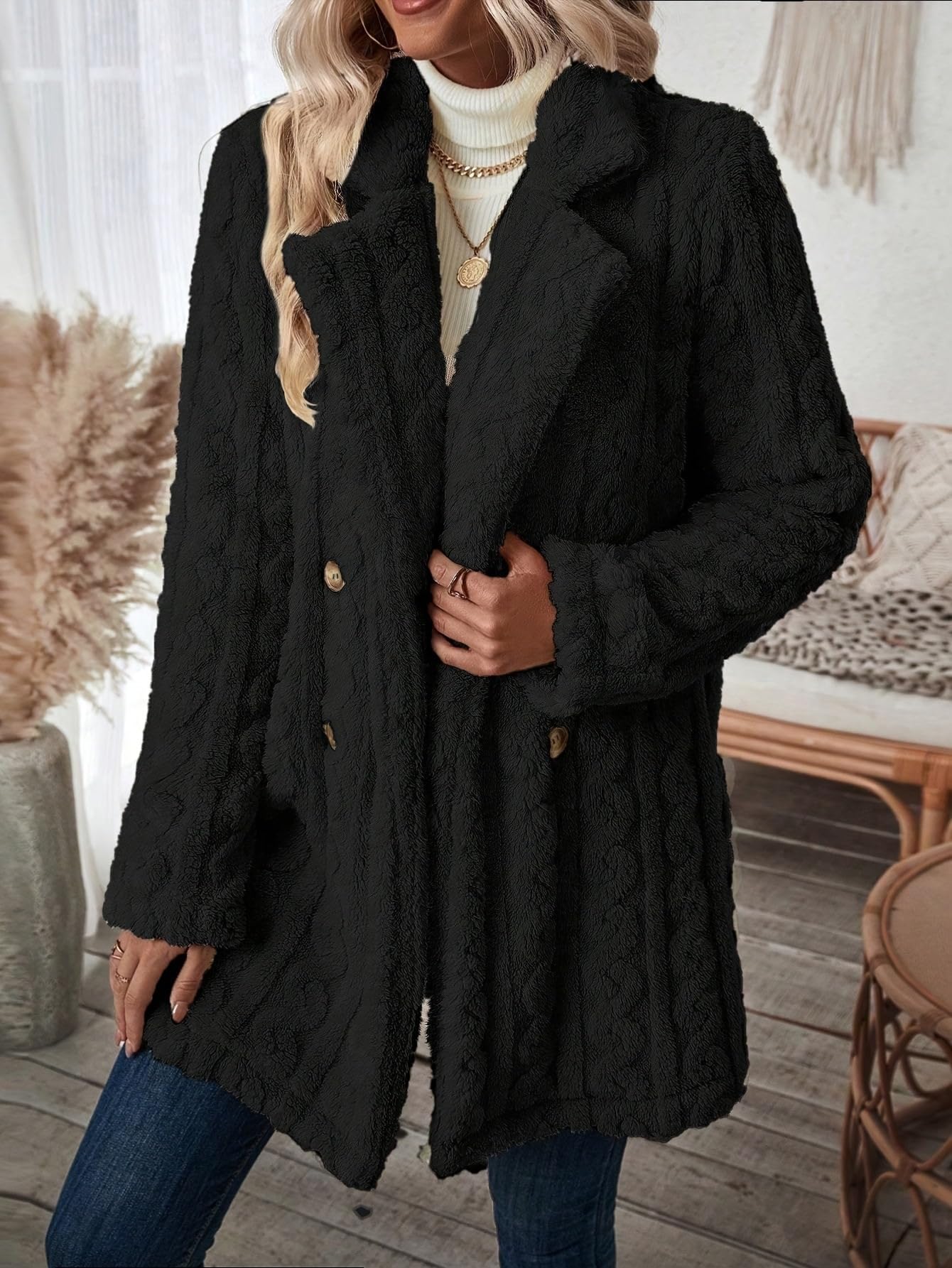 Femmes Manteaux en Peluche Long Patte Boutonnage Chaud Vêtements D’extérieur avec Poche Polaire Manteau Femme Hiver
