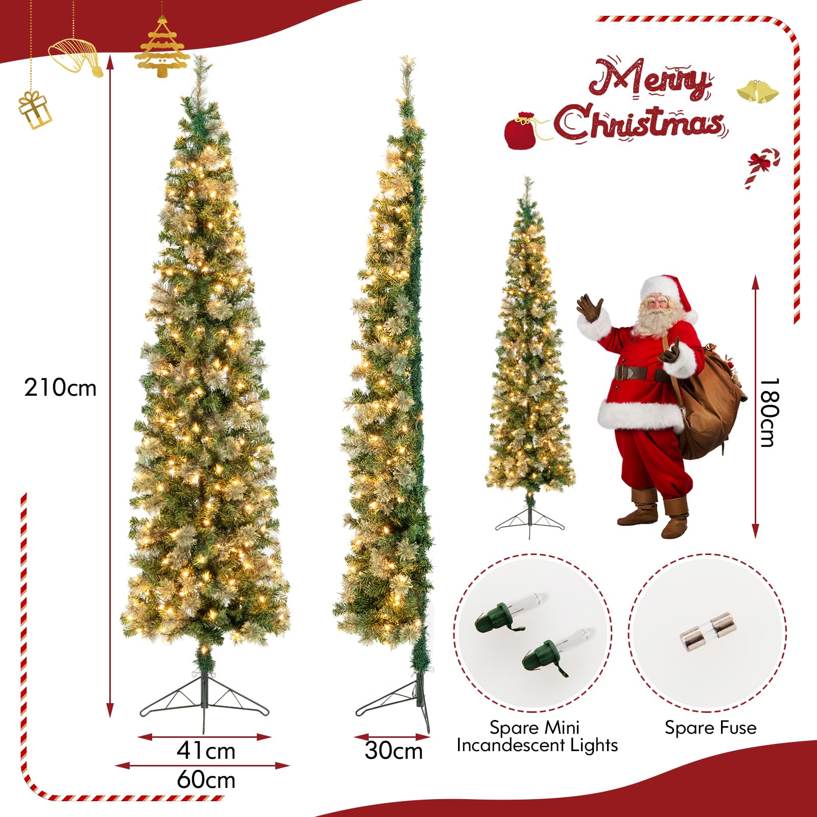 GYMAX Sapin de Noël Artificiel Mince Lumineux 210 CM, Arbre de Noël de 2 Pièces, avec Support en Métal, Aiguilles de Pin, 403 Branches, 150 Lumières LED Blanc Chaud, Décoration de Fêtes