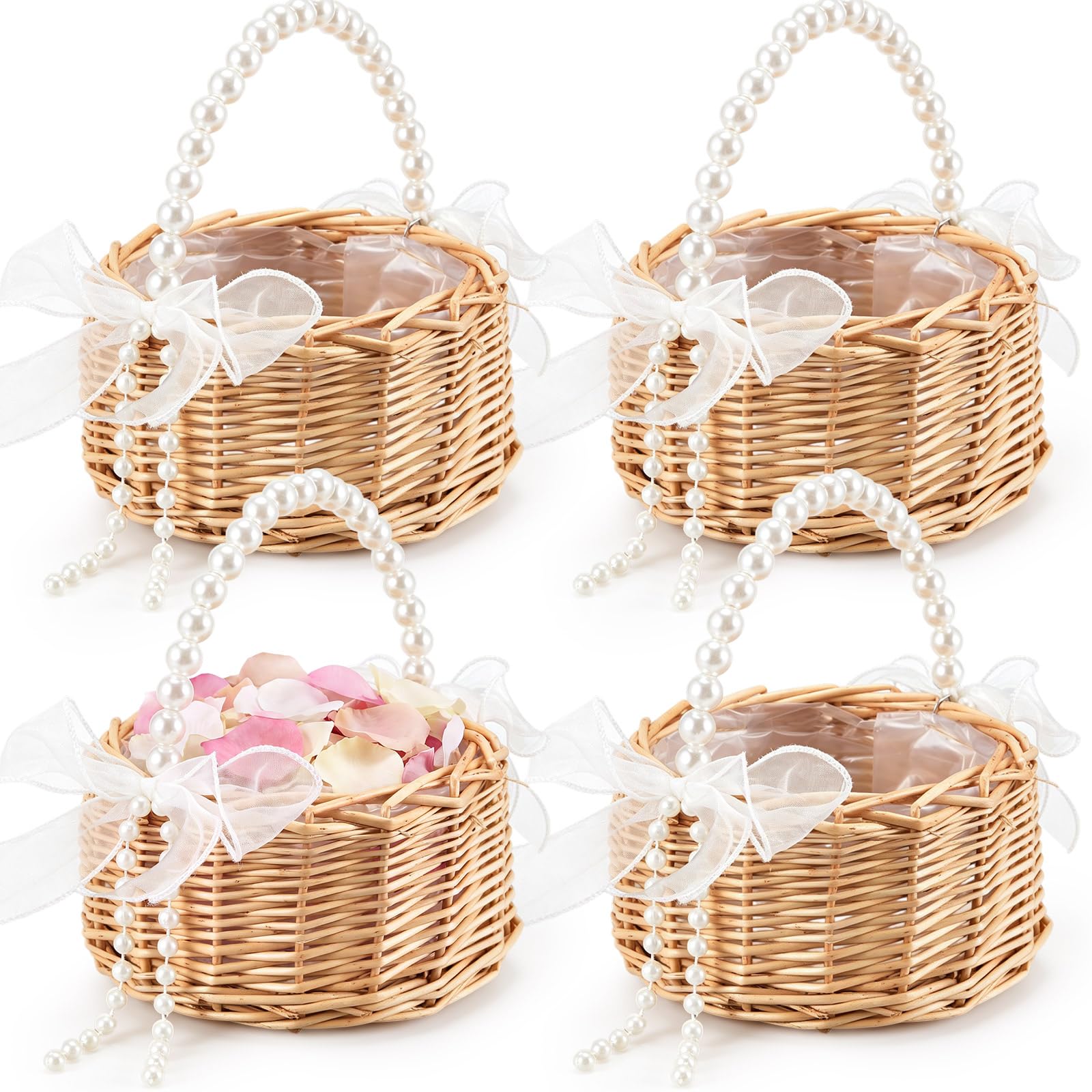 Thyle 4 Pcs Wicker Flower Girl Baskets Handled,White,Pearl Trim
