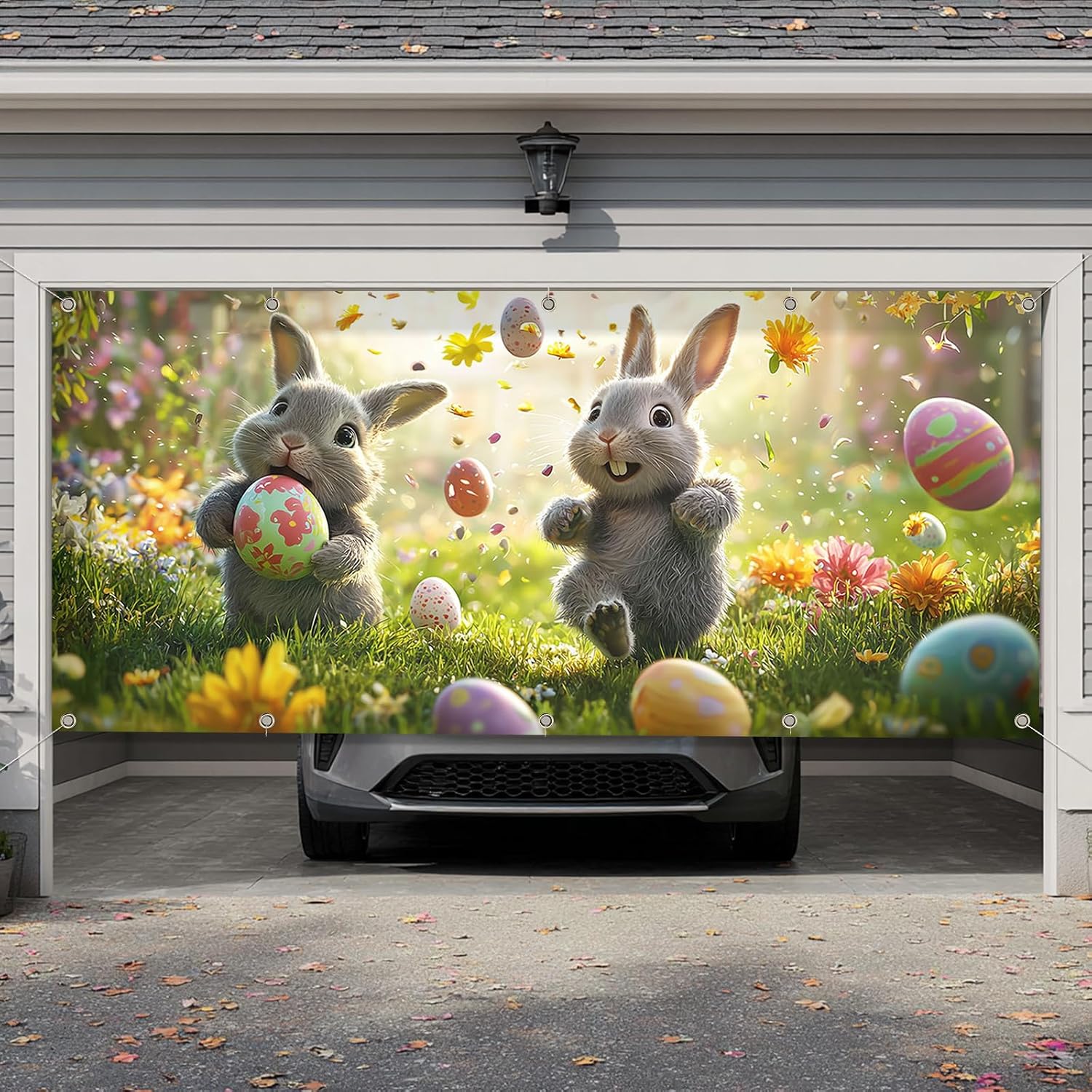 Easter Garage Door Cover 7 x 16 Ft Decoration with Elastic Bands, Easy to Install, Large Easter Banner Background for Outdoor Home Garage Door Party Decor