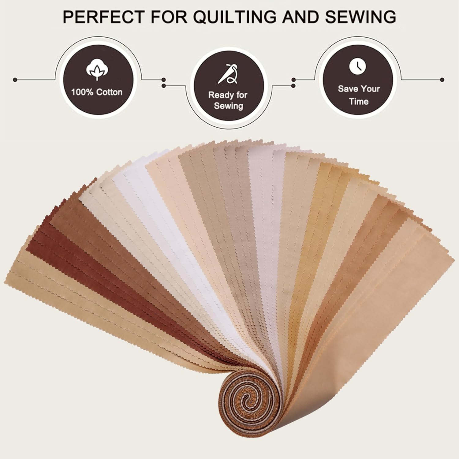 Nodsaw Solid Jelly Roll Fabric for Quilting 42 Strip 2.5" x 44", Cotton Fabric Strips Jelly Rolls for Quilting, Rug, Blanket, Quilt, and Crafts - Brown White Coffee Khaki Cream Ivory Natural