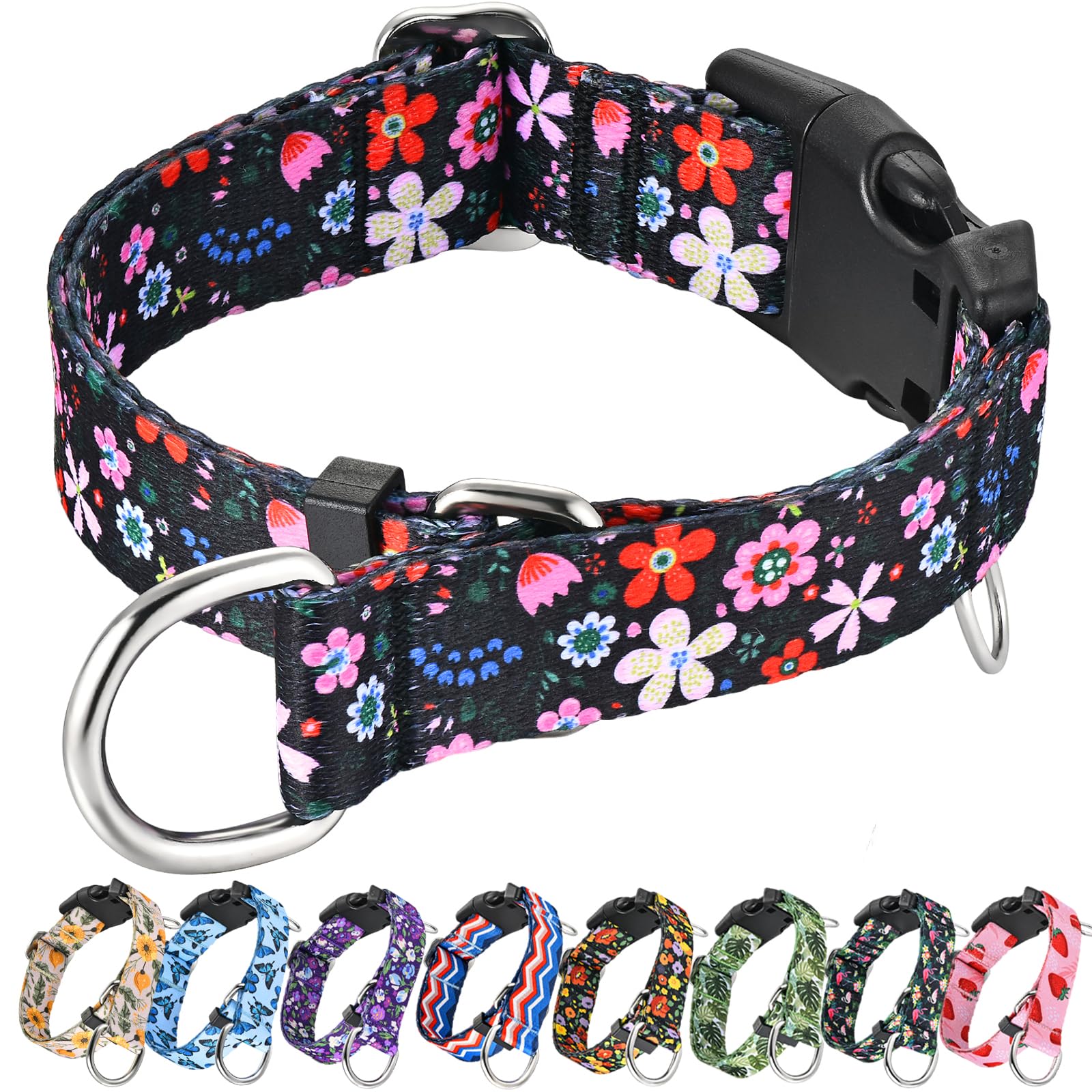 Fidohug Martingale Dog Collar with Buckle Adjustable Nylon Limited Slip Training Floral Dog Collars (Black Pink Red, Large)