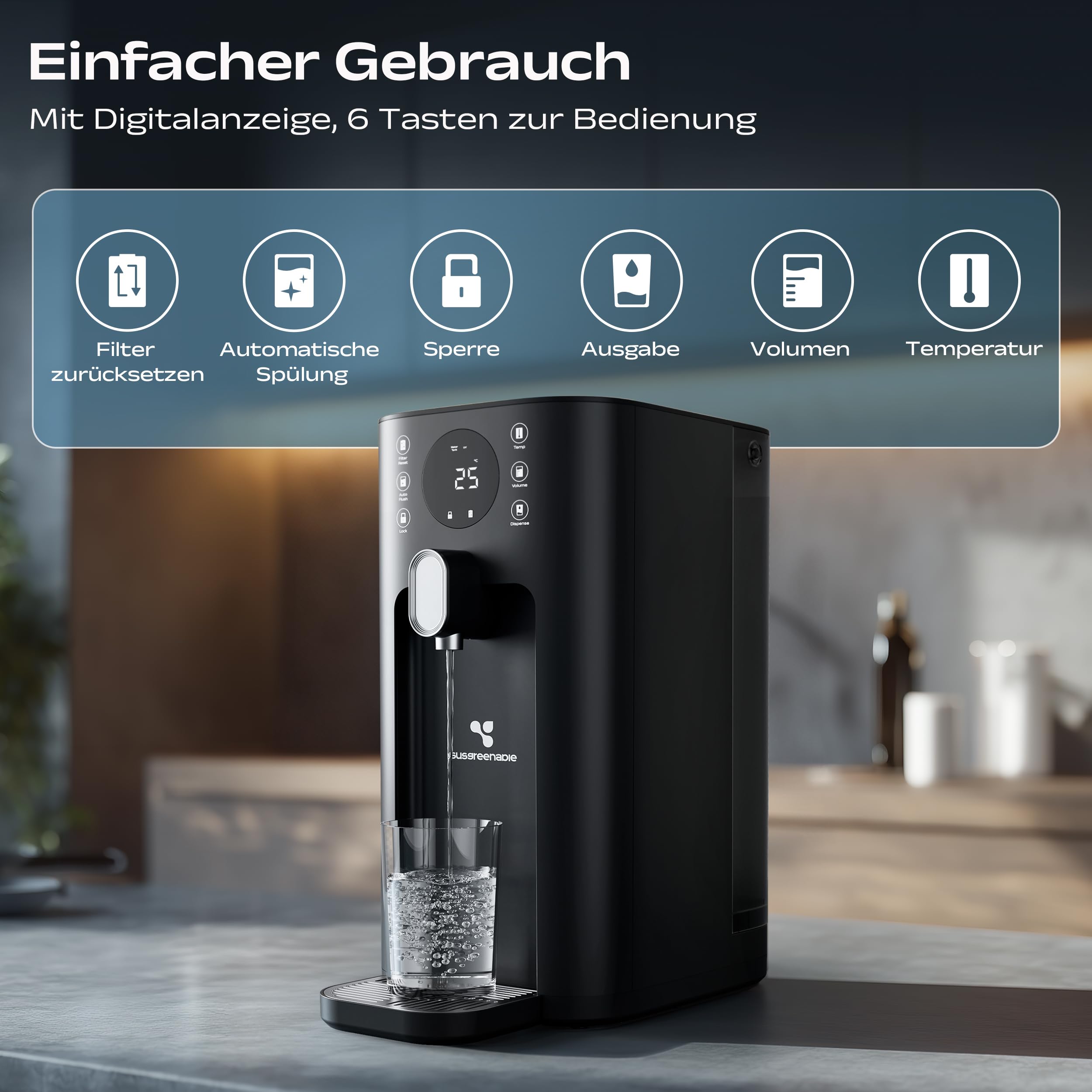 CIARRA X SusGreenable Osmoseanlage Trinkwasser 100GPD, Umkehrosmoseanlage mit Heißwasser, 4 Temperaturen, 5-stufiger RO Wasserfilter SGROF03, Tischgerät, Schwarz