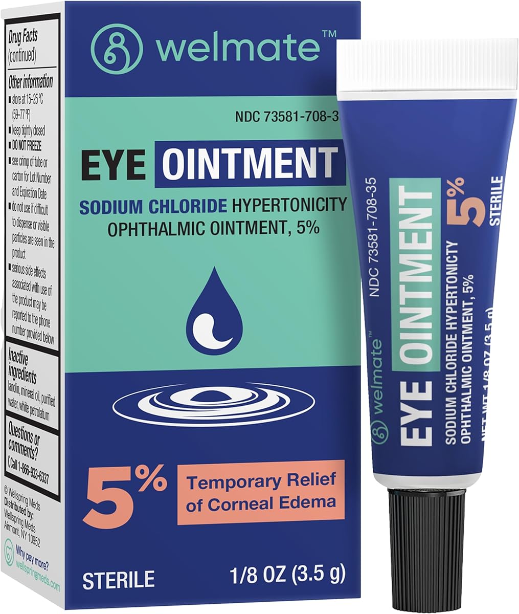 WELMATE - Eye Ointment (1 Tube) - Sodium Chloride Hypertonicity Ophthalmic Ointment 5% - Relief of Corneal Edema Symptoms - Lanolin & Mineral Oil - Sterile - Travel Size - Eye Care - 1/8 oz (3.5g)