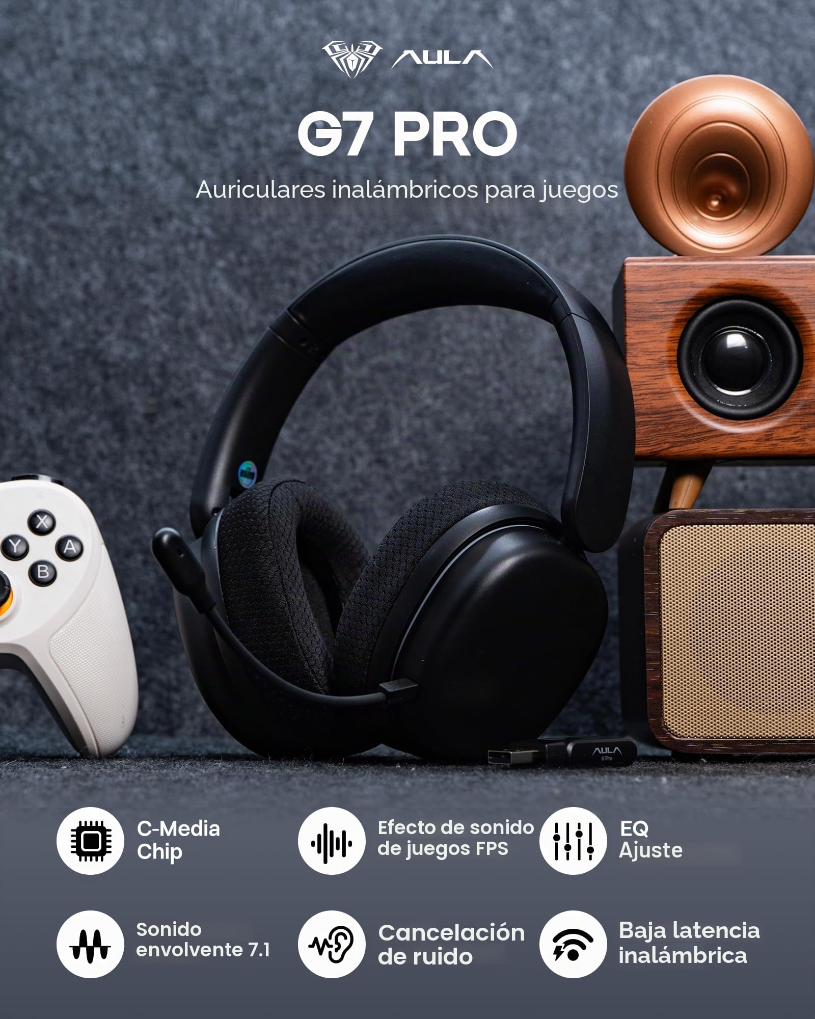 EPOMAKER X Aula G7 Pro Auriculares Inalámbricos con Micrófono con Cancelación de Ruido para Gaming, BT5.3&2.4GHz, Sonido Envolvente 7.1, 80H de Batería, RGB, Compatible con PS5/PS4/Switch/PC (Negro)