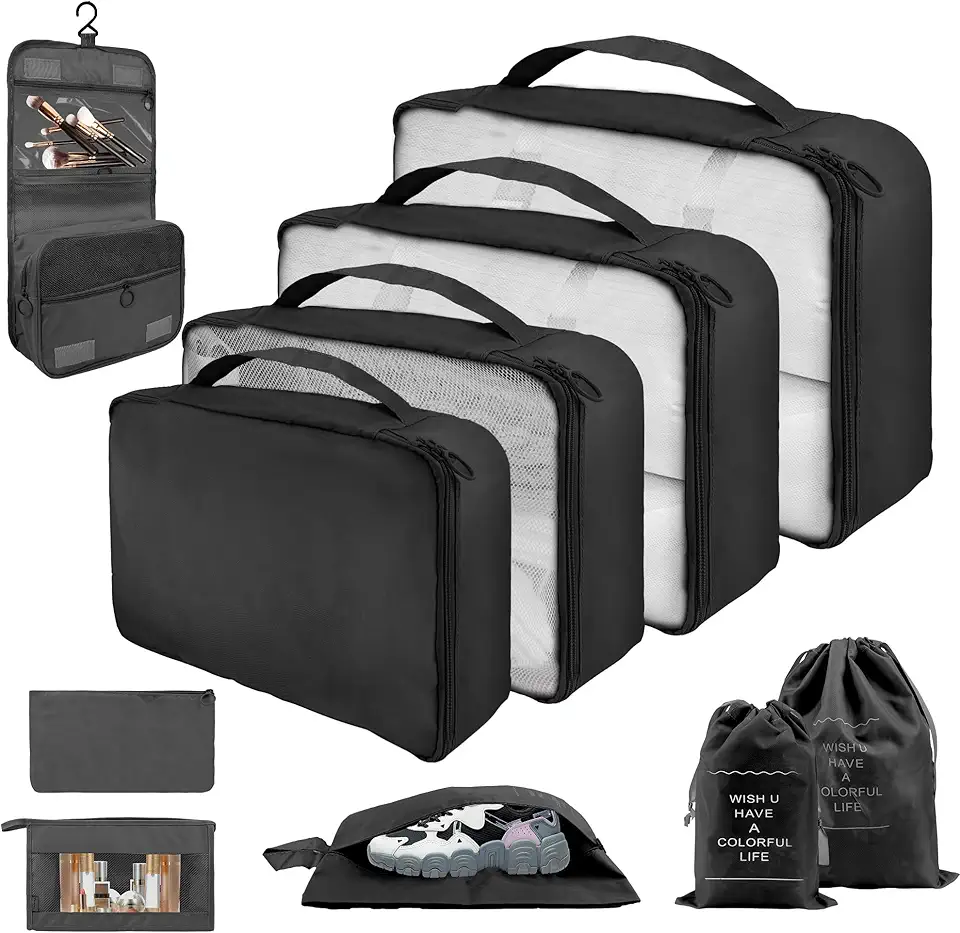 KIT 10 Organizador de Malas para Viagem: Kit Completo de Organização - Inclui Bolsa Organizadora e Necessaire Feminina-Organizadores de Bagagem para Viagem-VANOVA (PRETO)