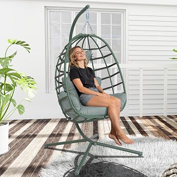 Hanging Egg Chair with Stand Outdoor Indoor Patio Rattan Swing Hammock Chairs with Washable Cushion 350lbs Capacity PE Wicker Swing Chair for Backyard Bedroom Garden Dark Green + Dark Green Cushion