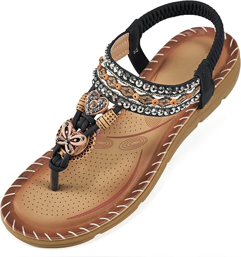 Aomigoct Sandals Women Flat Shoes: Dressy Summer Bohemian Flats Shoes for Women Sandals Comfortable Ankle Strap Outdoor Wa...
