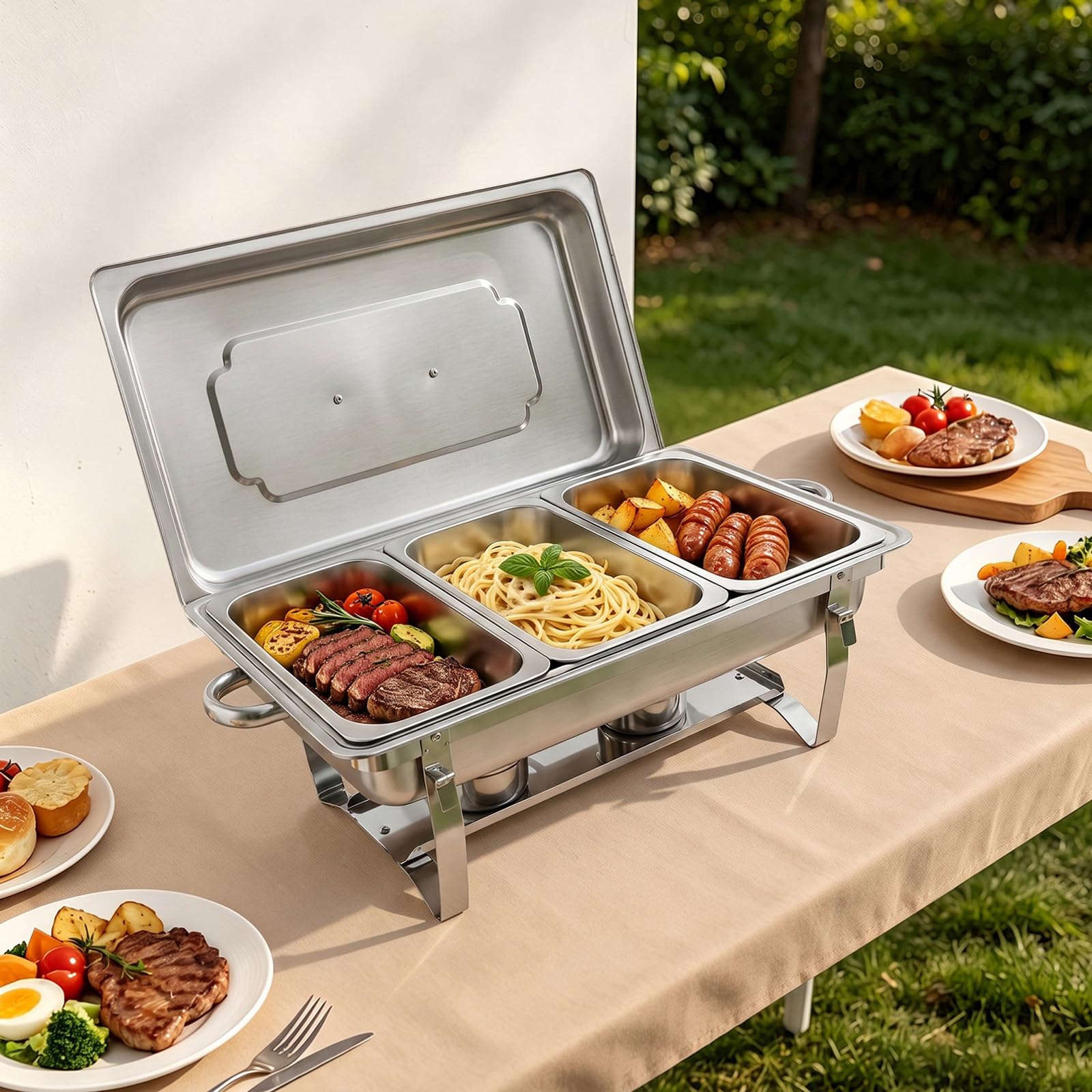Scaldavivande in acciaio inox, 3 contenitori, scaldavivande per buffet