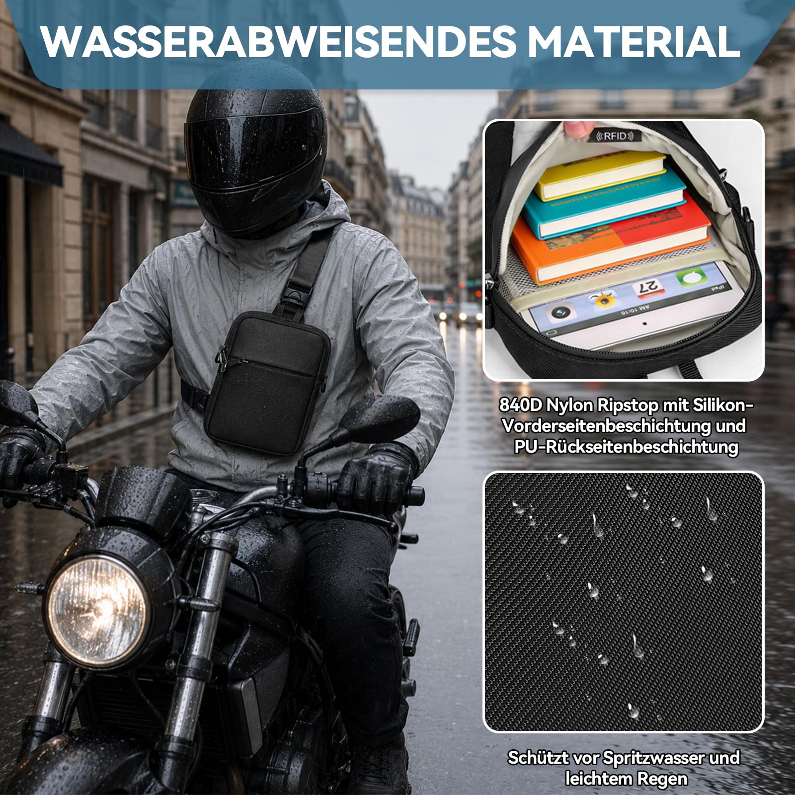 Eshow Umhängetasche Herren Damen, Anti-Diebstahl Brusttasche Schultertasche Wasserdicht Klein, Crossbody Sling Bag mit RFID-Schutztasche und Sicherheits-Reißverschluss für Reisen Outdoor Schwarz