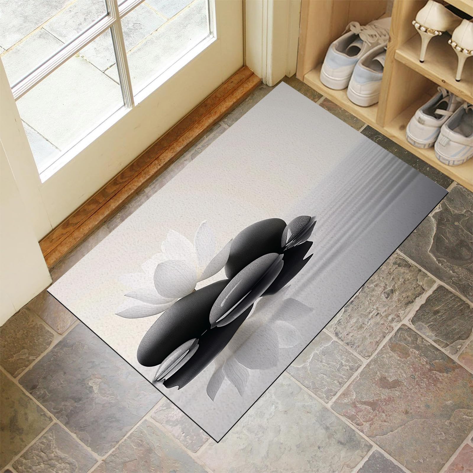 Tapis sol douces pour porte et couloir avec motif lotus noir et blanc