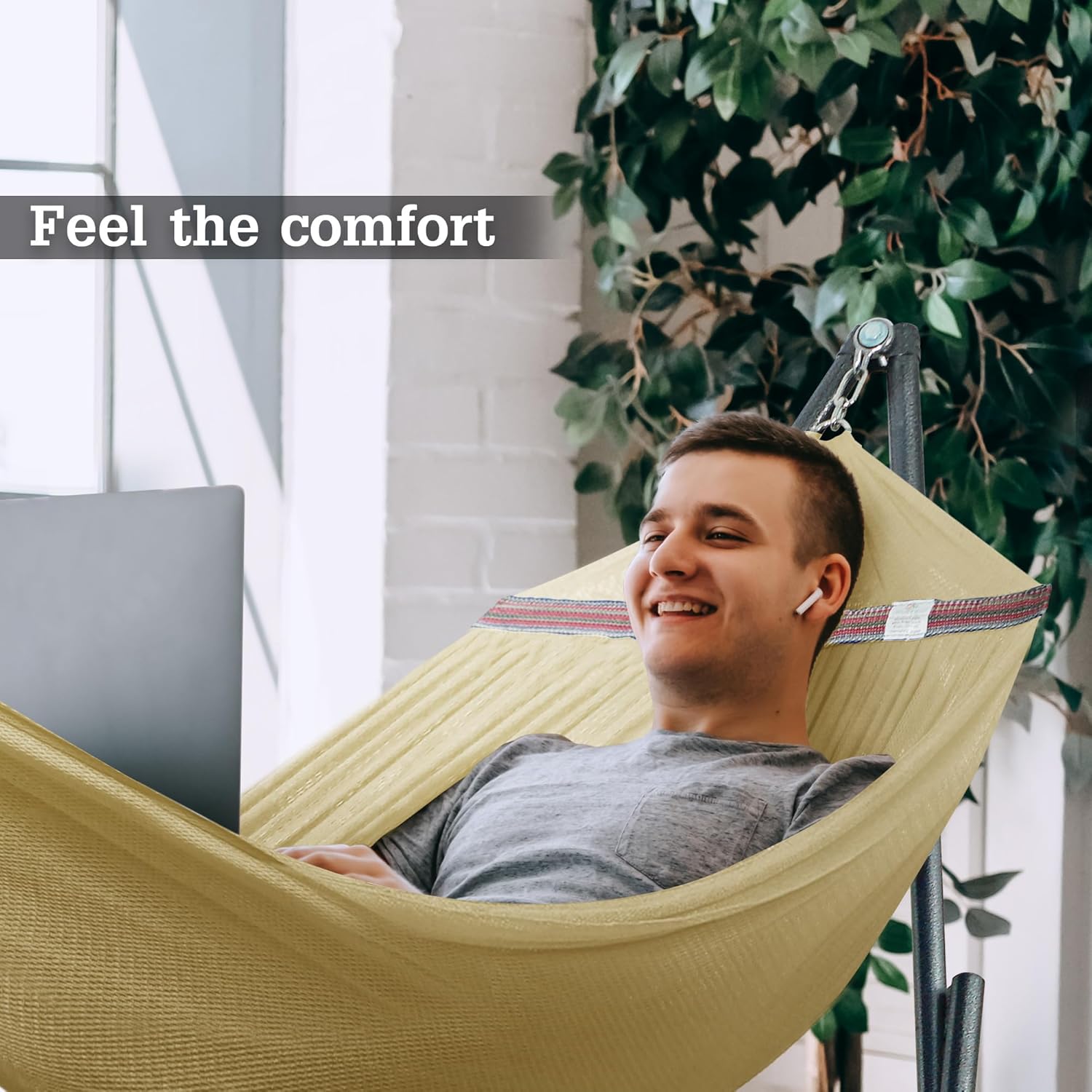 Tranquillo Double Hammock with Stand Included for 2 Persons/Foldable Hammock Stand 550 lbs Capacity Portable Case - Inhouse, Outdoor, Camping, Cream