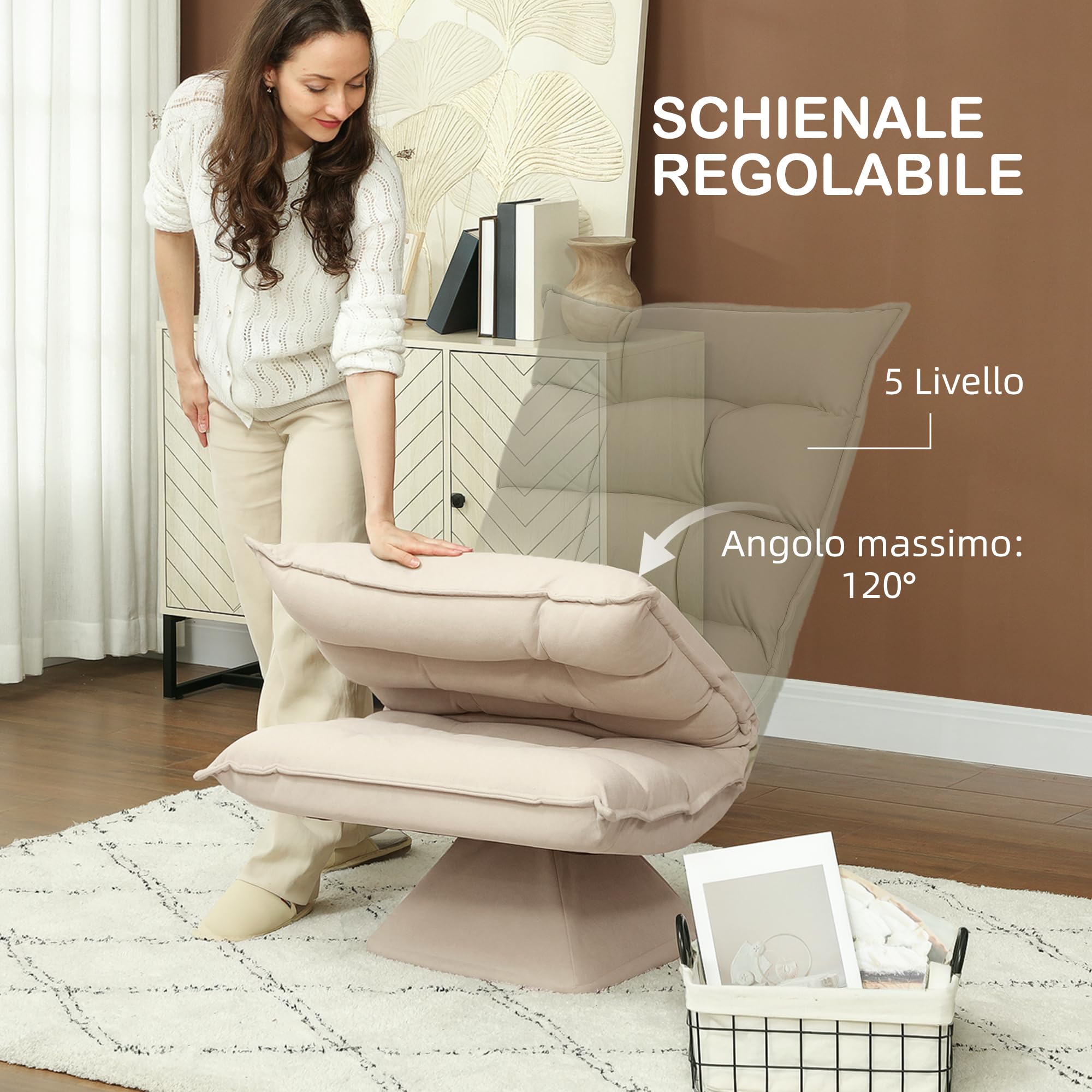 HOMCOM Poltrona Relax Girevole 360° con Schienale Regolabile in 5 Posizioni, Poltrona da Terra con Seduta Ampia Imbottita Spessa in Tessuto Effetto lino, per Soggiorno Lettura, 62x70x95 cm, Beige