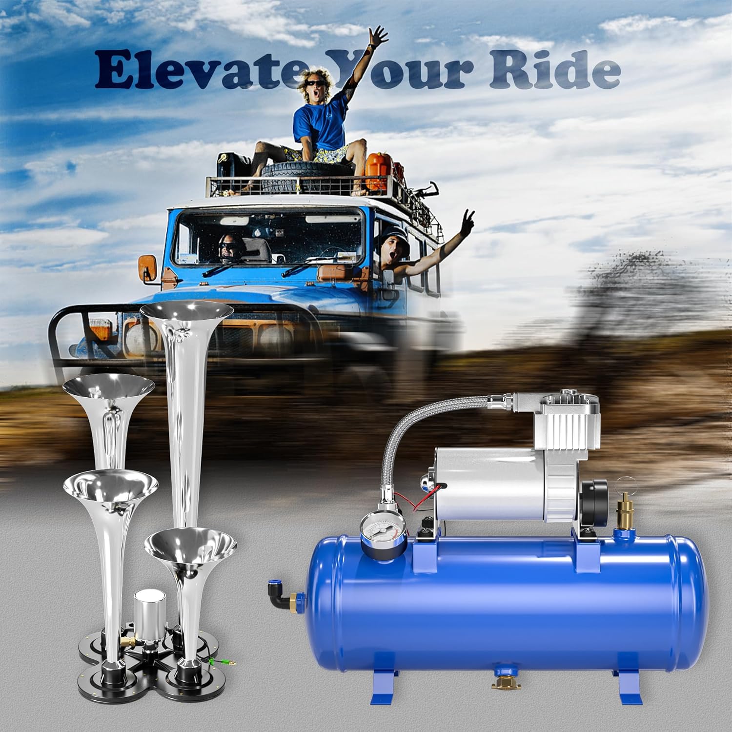 150DB Train Air Horn Kit, 4 Trumpet Loud Train Horns Kit for 150 PSI 12V Air Compressor 1.59 Gallon for Trucks, Cars, Van Boats Super Loud Air Horn(Blue)