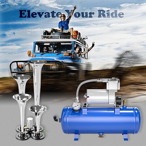 Vista 14 de Compresor de aire 150PSI 12V con tanque de 1.59 galones, bomba de 6L para bocina de camión de tren, compresor a bordo, azul