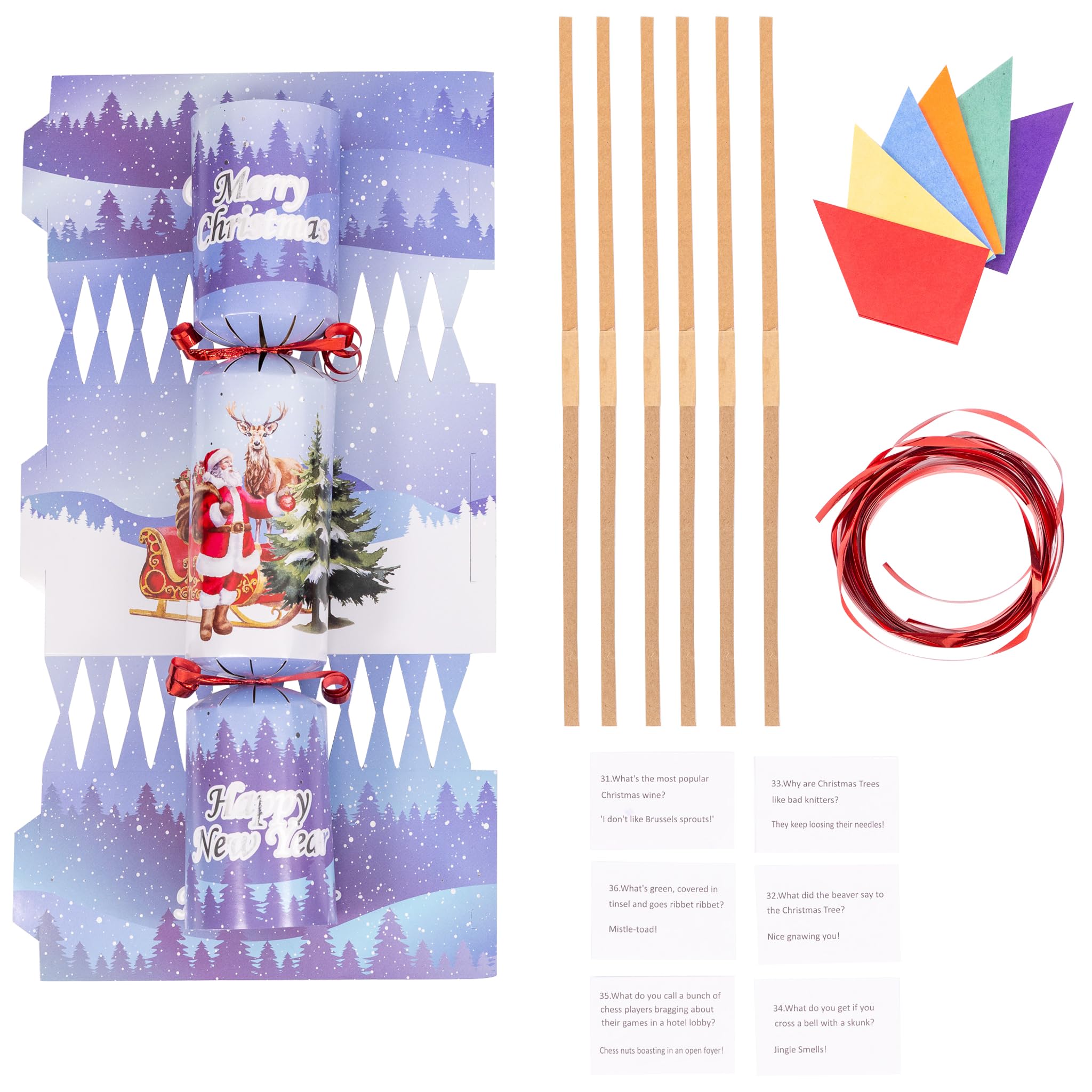 evelay Make Your Own Christmas Cracker Kit - Pack of 6 Festive DIY Crackers with Hats, Jokes & Ribbons - Personalise Your Own Fillers - Fun Xmas Craft Activity (Traditional Santa)