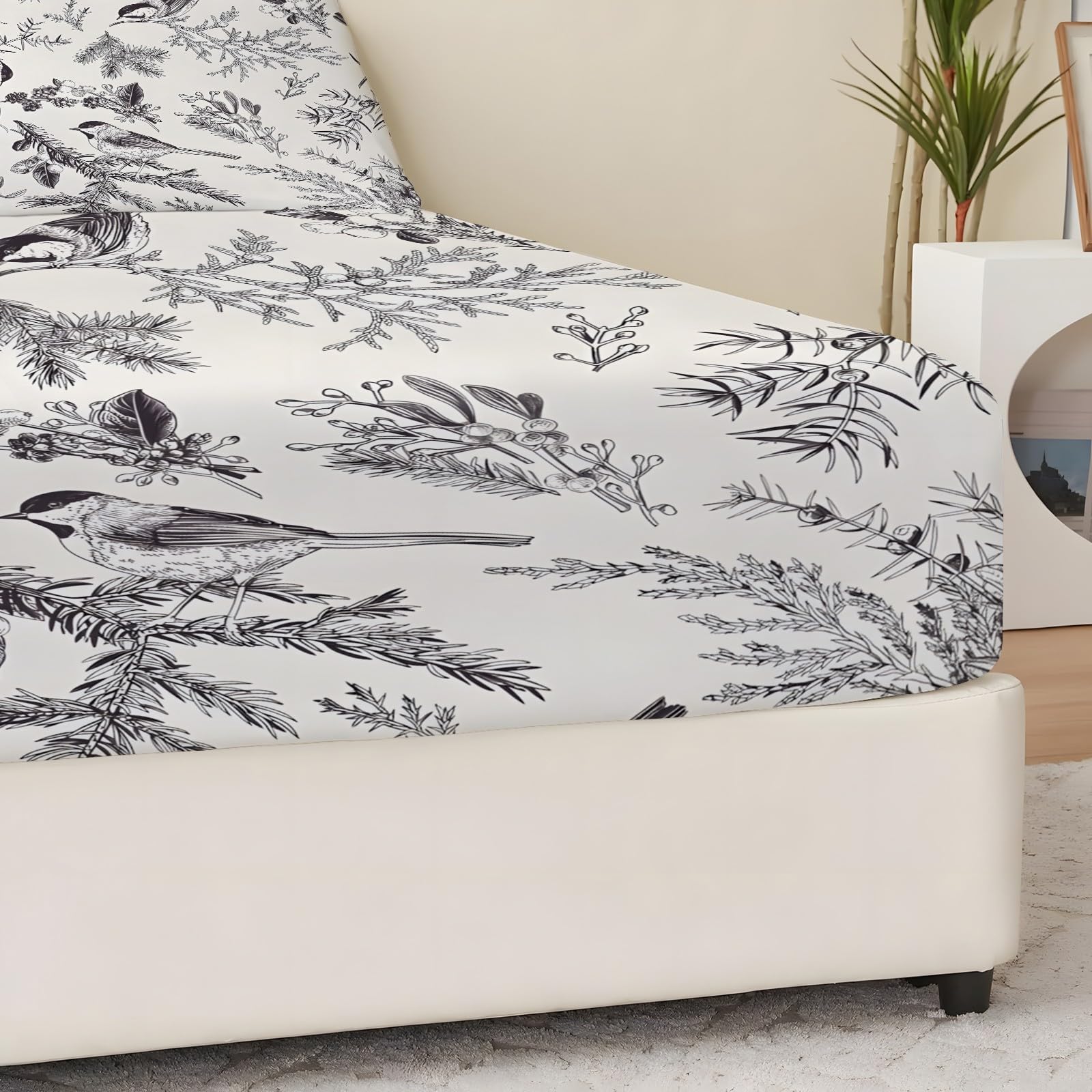 Sabana Bajera 135x190 ConíFera Sabanas Bajeras Estampadas PáJaros Sábana Bajera Ajustable Suaves, Elastico Funda Colchon con 2 Funda Almohada 50x80 cm, para Colchón de 30cm de Altura