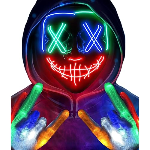 Sago Brothers Halloween Mask Skeleton Gloves Set, Light Up Scary LED Mask with Glow Gloves, Halloween Costumes for Boys Girls