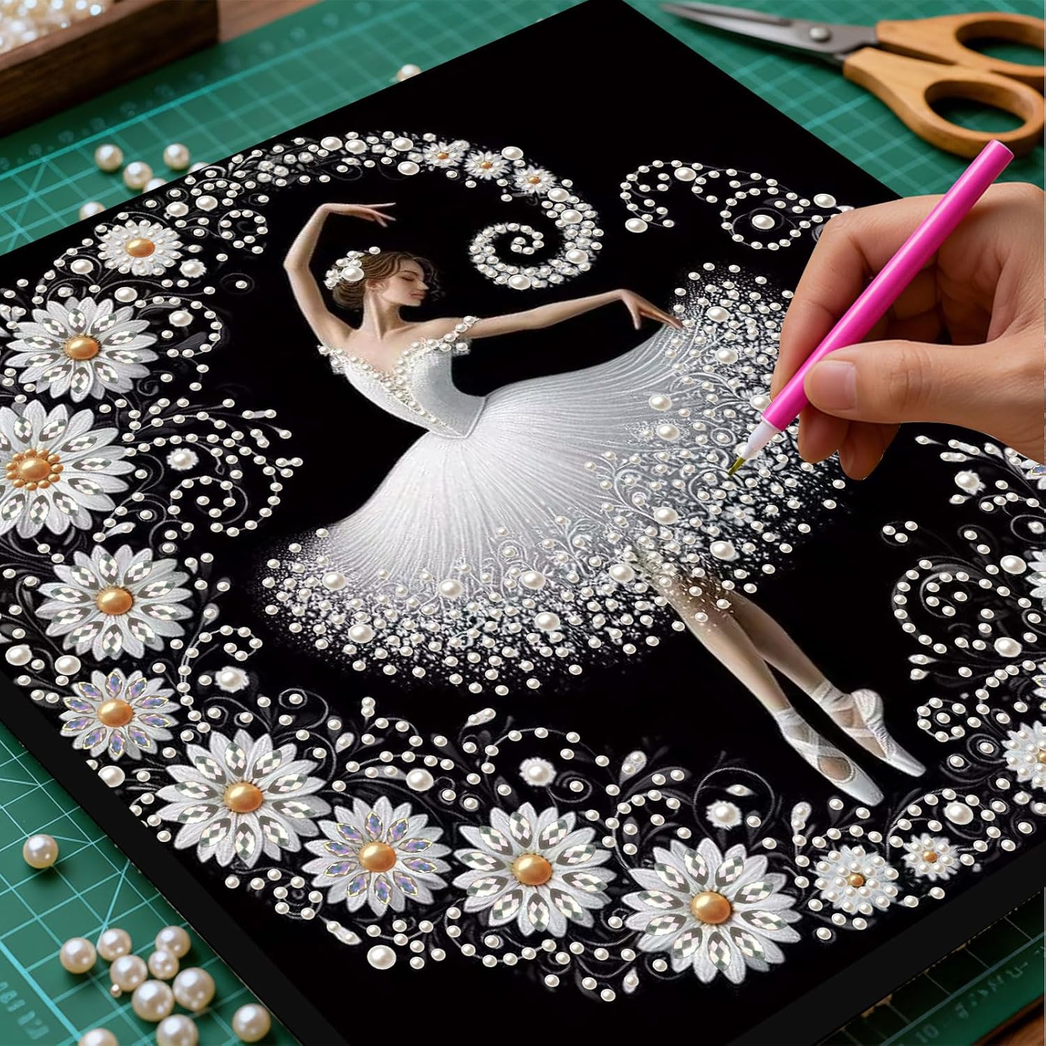 DIY Pearl Painting Kit with Wooden Frame, 3D Plastic Pearl Gemstone Ocean Art Craft for Adults Beginners, Diamond Art Kits for Adults, Home Wall Decor Ready Gift for Women (Ballet Girl-B)