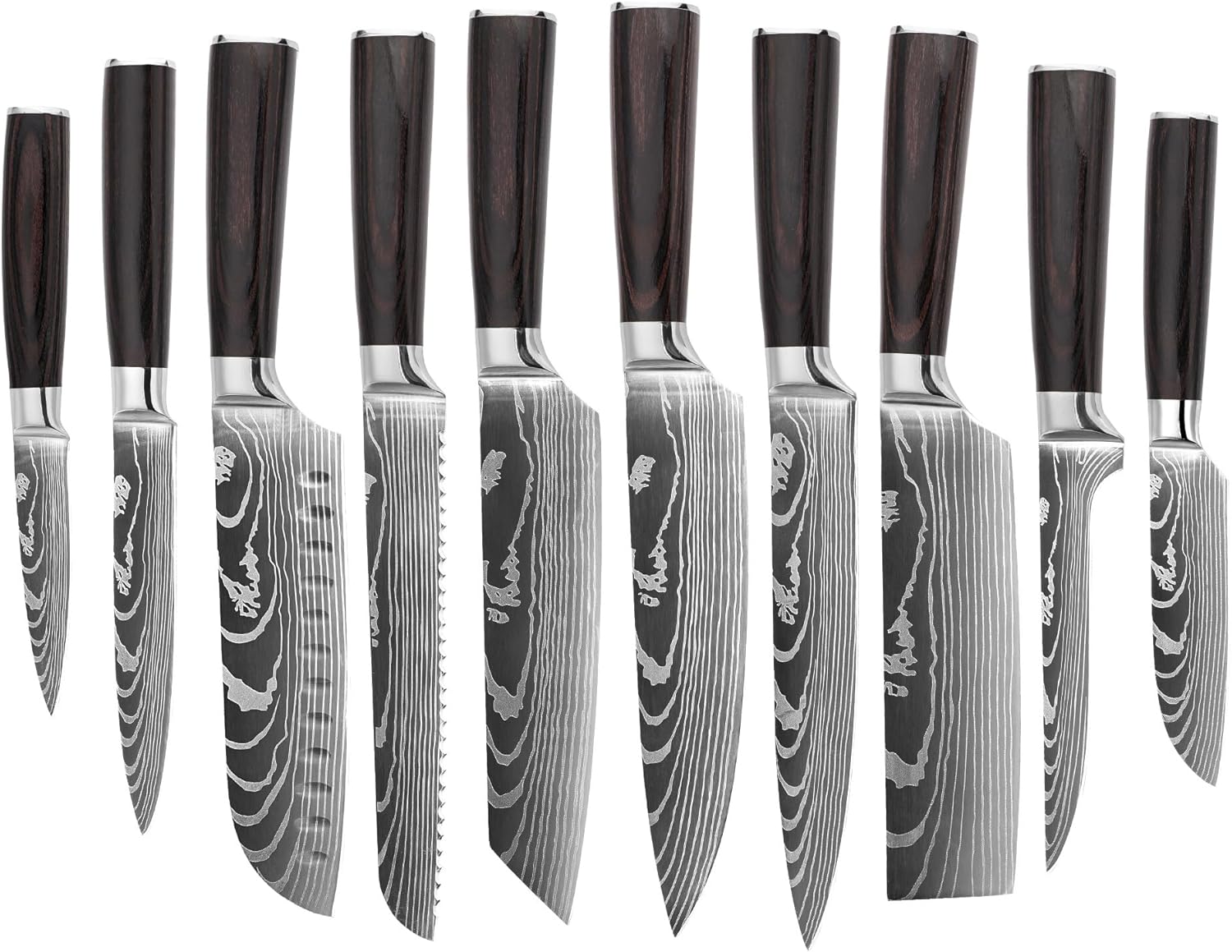 10PCS Professional Kitchen Knife Set Ultra Sharp Chef Knife Set with Stainless Steel Knives Wood Handles Complete Cooking Knife Set Includes Chef, Bread, Santoku, Cleaver Knives